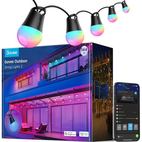 Govee Smart Outdoor String Lights setup on a pergola for evening ambiance.