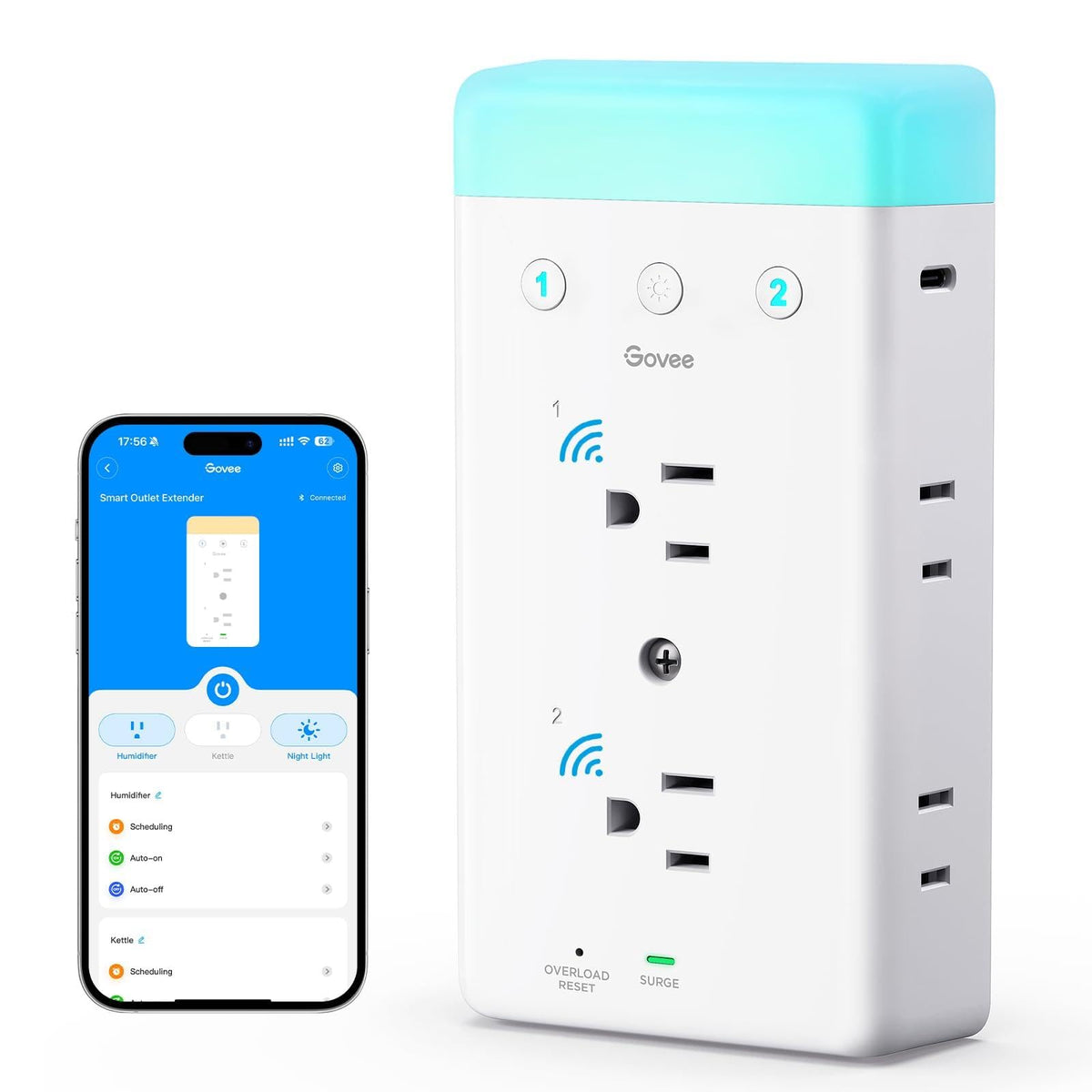 Govee smart plug extender shows a 3-sided design for a compact, space-saving power hub.