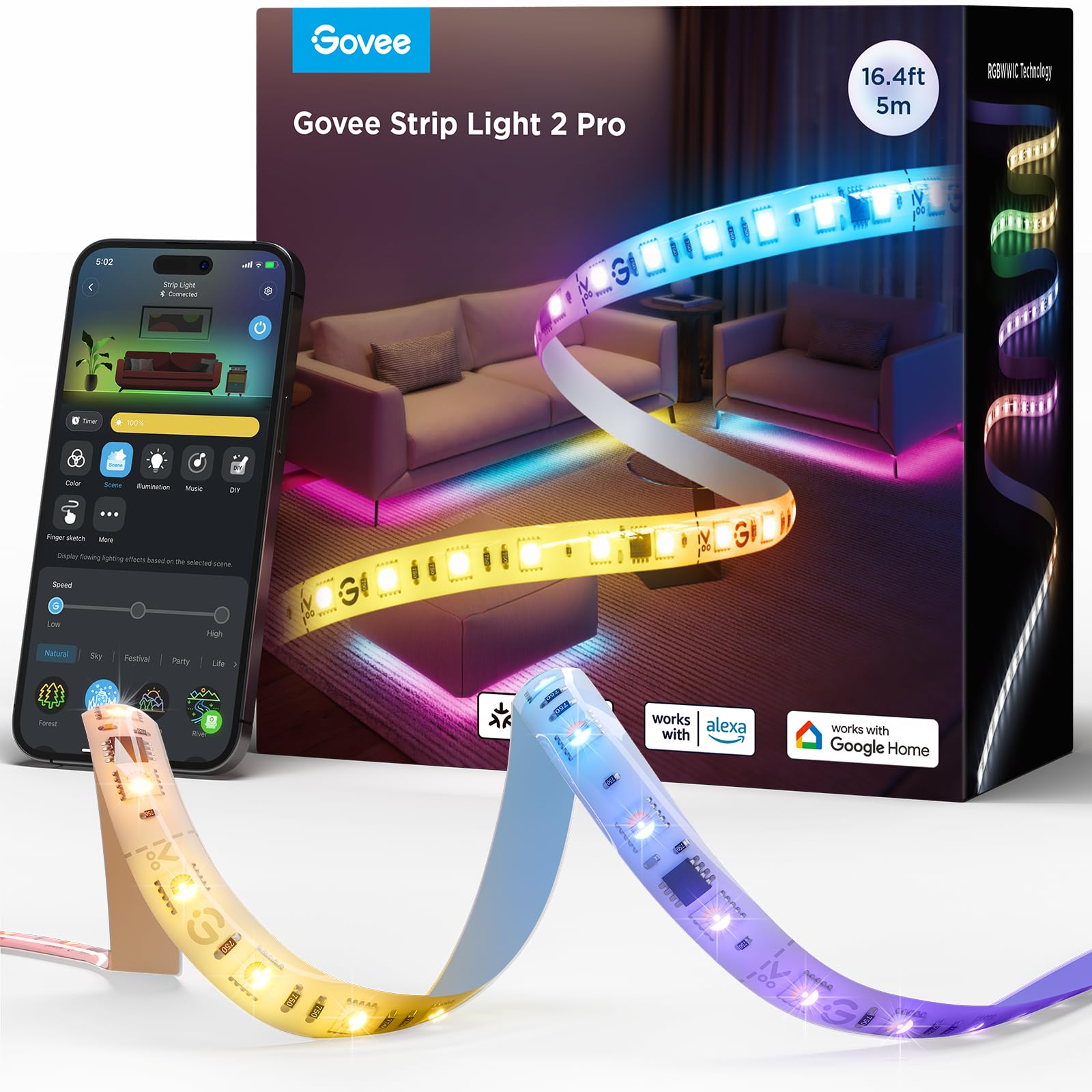 Govee Strip Light 2 Pro displays vibrant scenes for mood lighting in a living room