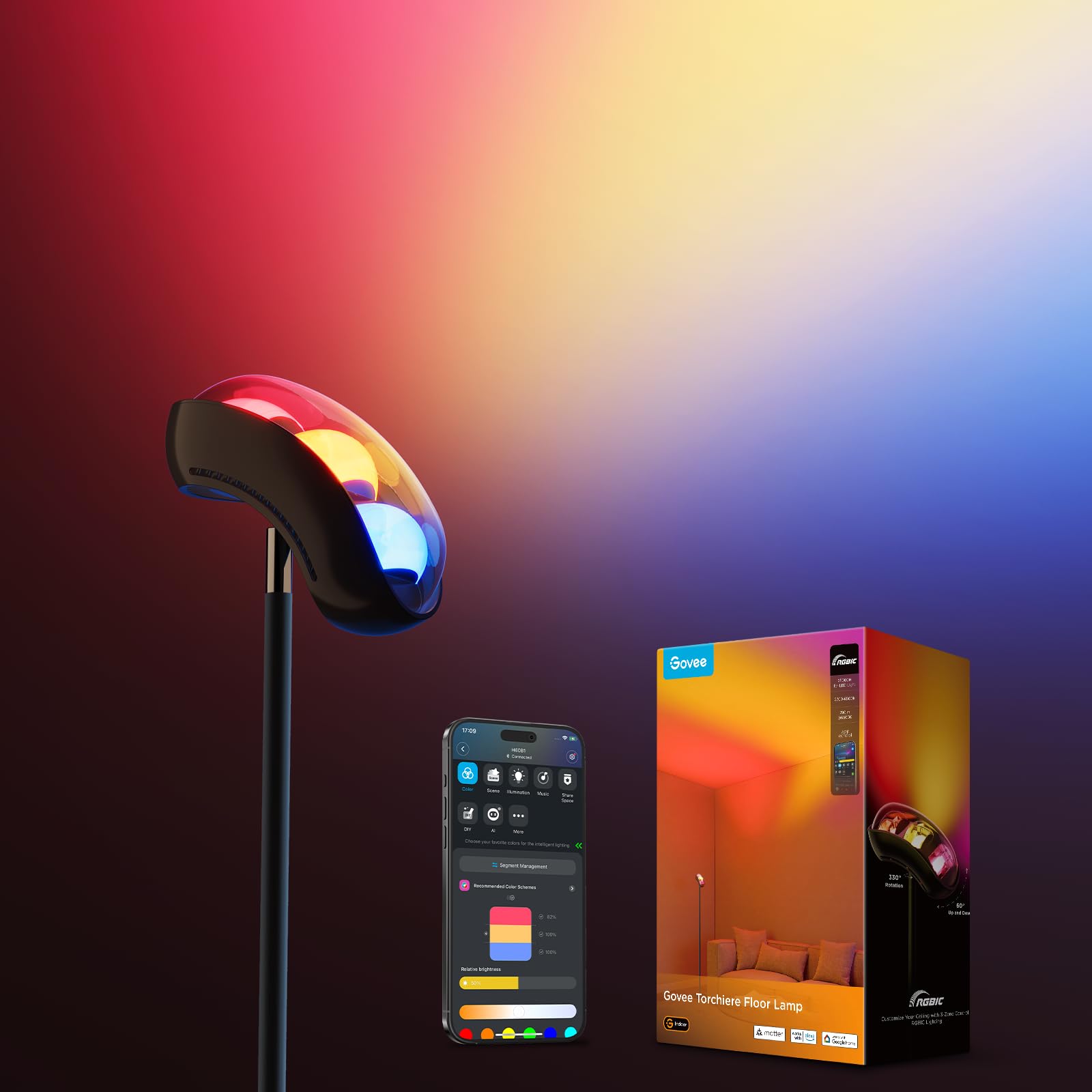 Govee Torchiere lamp in living room delivering ambient, customizable lighting for relaxing evenings.