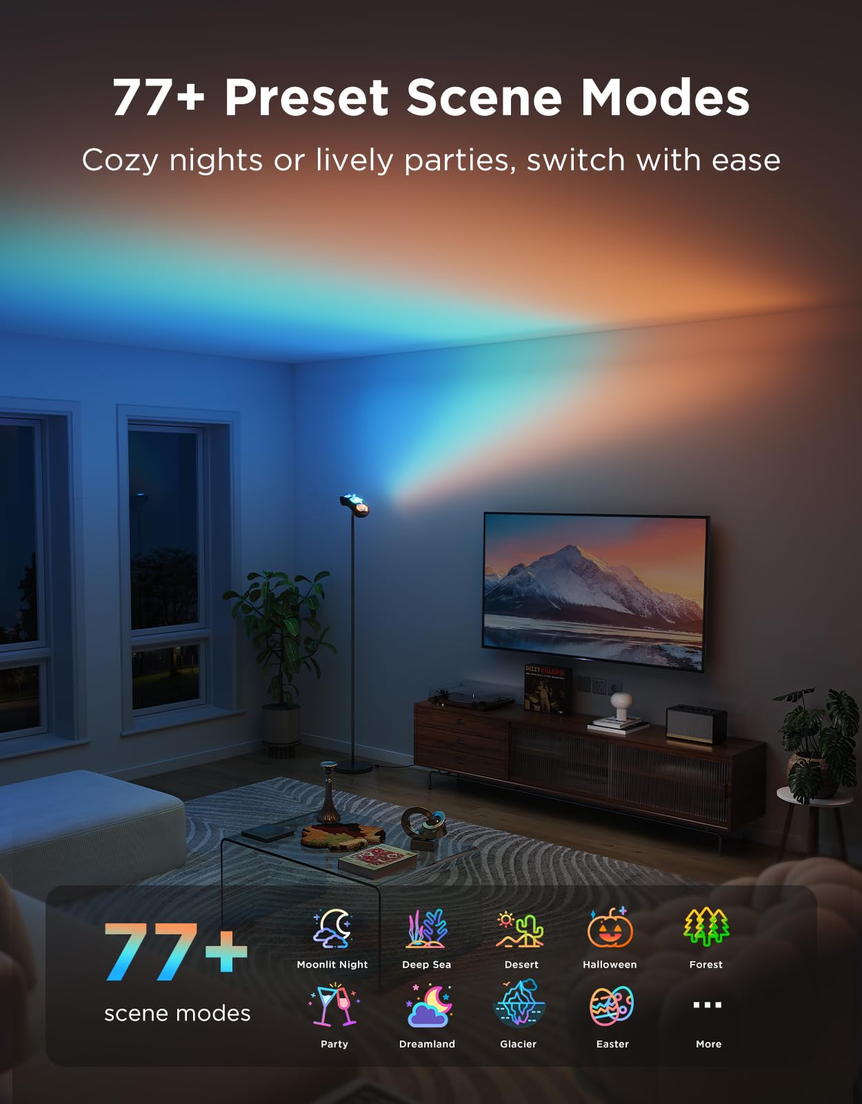 Govee lamp with 77 scene modes illustrated by color-changing ambiance options.