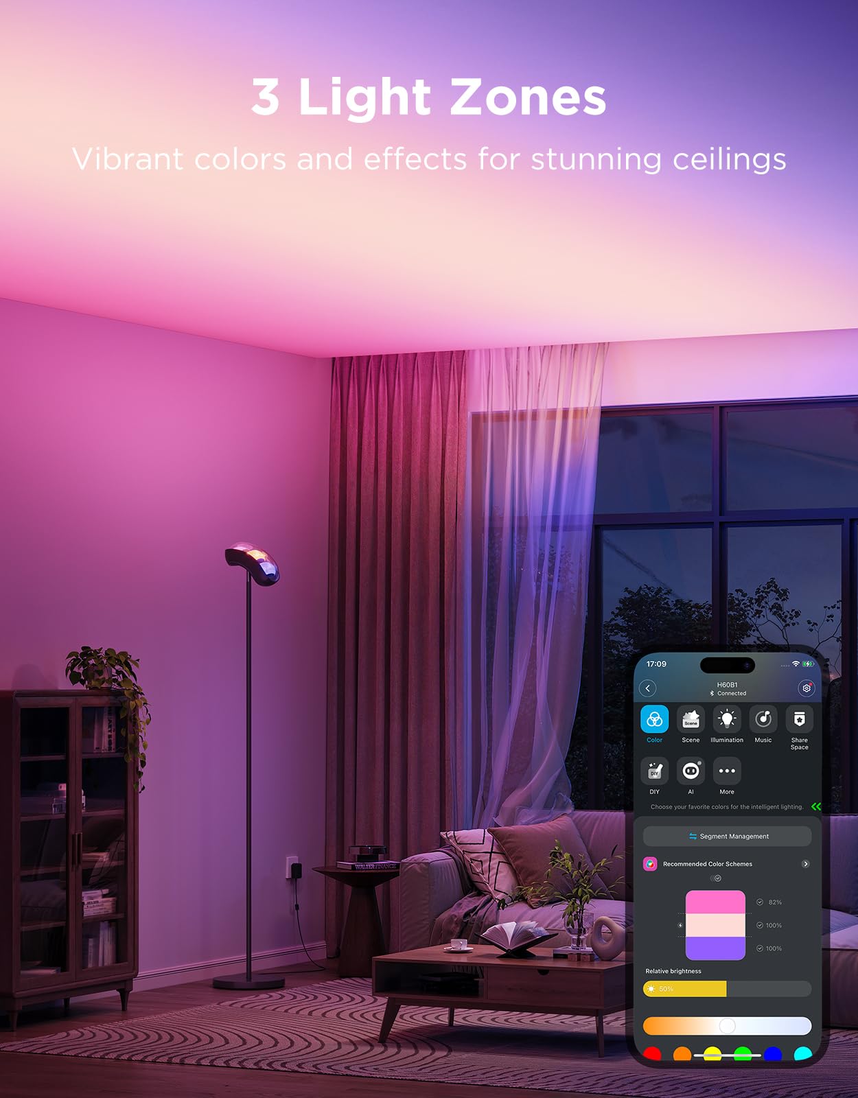 Govee Torchiere lamp demonstrates three-zone control for precise, adjustable lighting across the room.