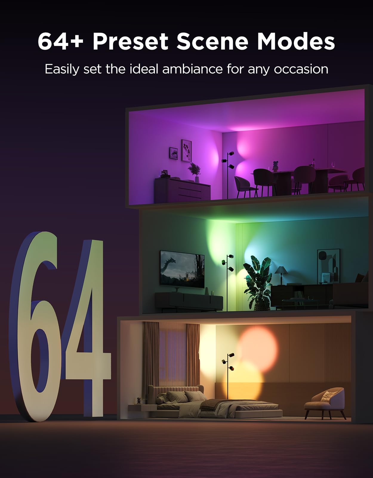 Govee floor lamp delivers up to 1500 lumens for bright, balanced illumination.