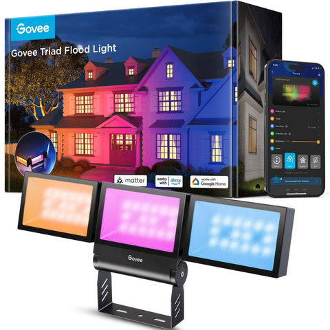 Govee Triad three-head flood lights showing 3-head design for wide yard lighting