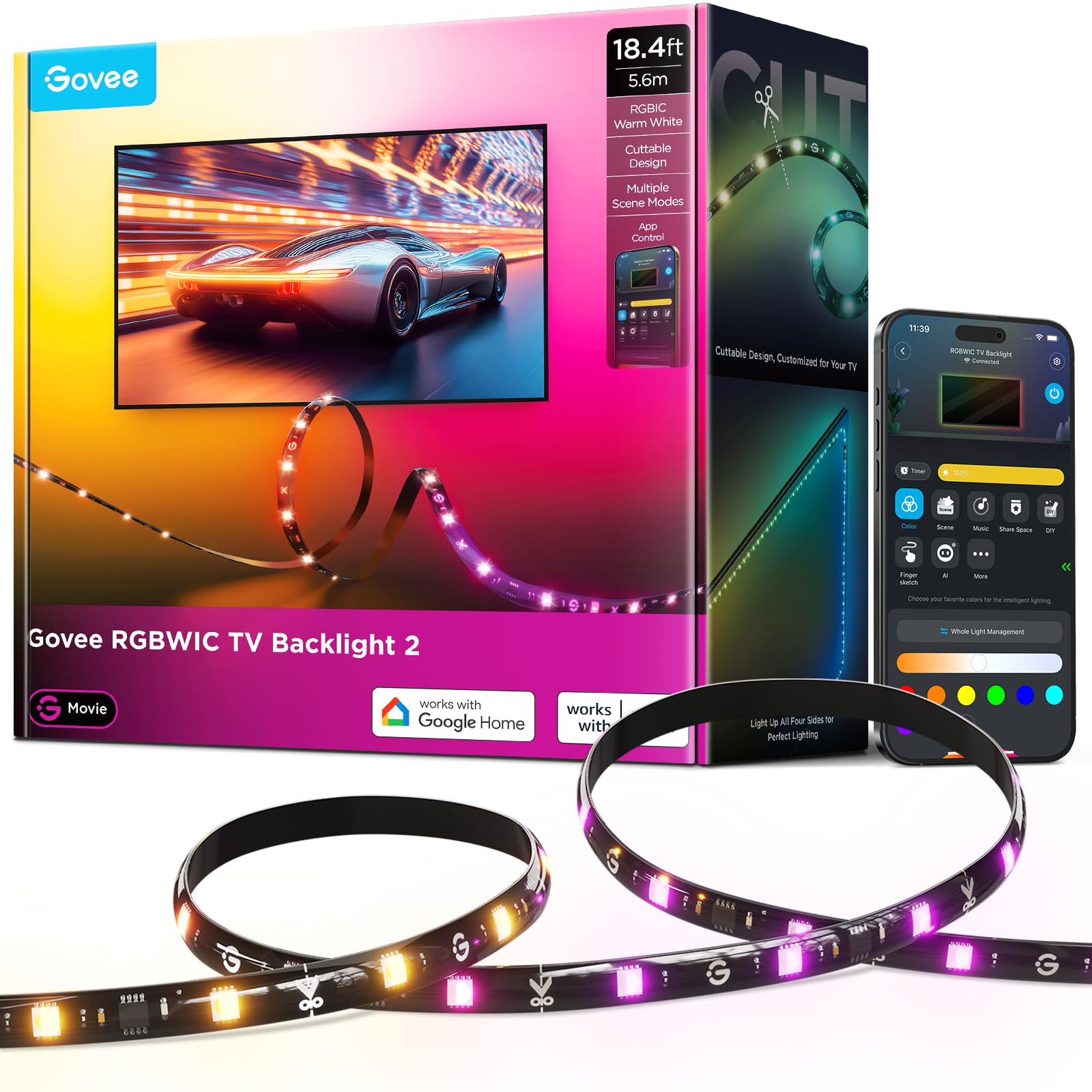 Govee TV Backlight 2 18-4ft cuttable strip for immersive movie nights.