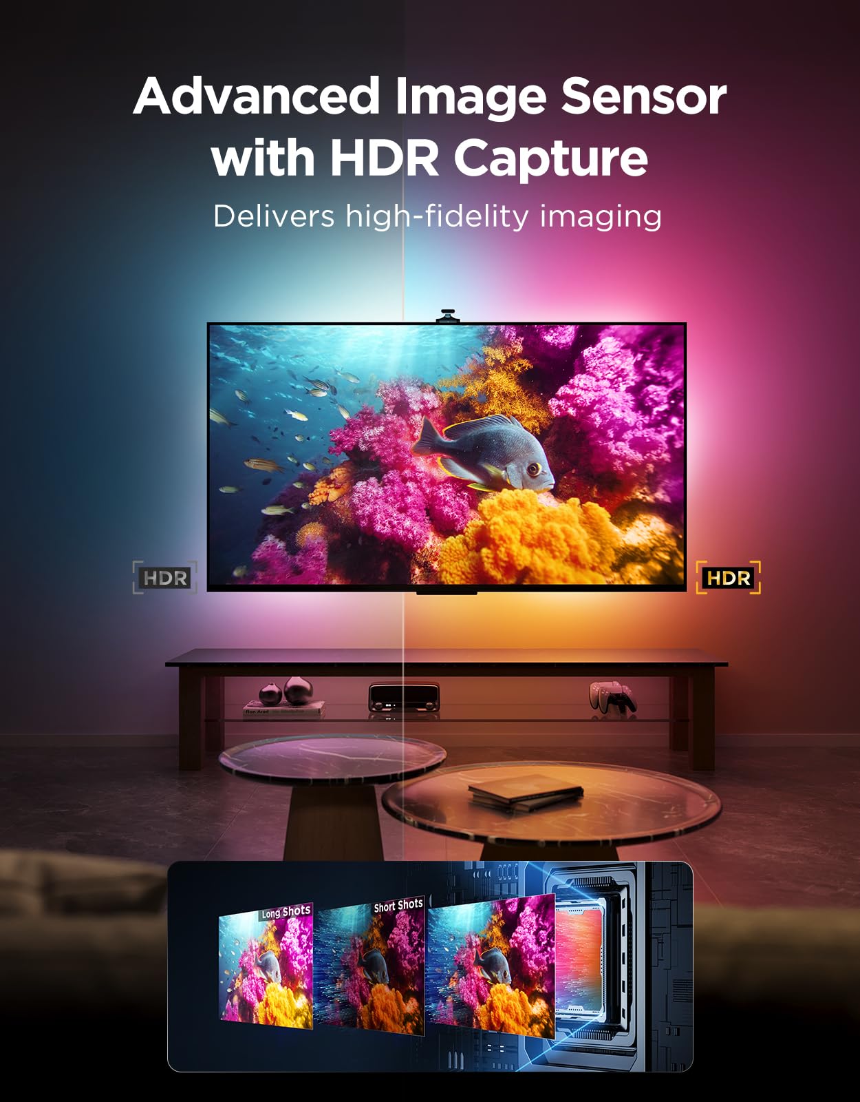 Govee TV Backlight 3 Pro triple camera demonstrates edge color sampling around corners