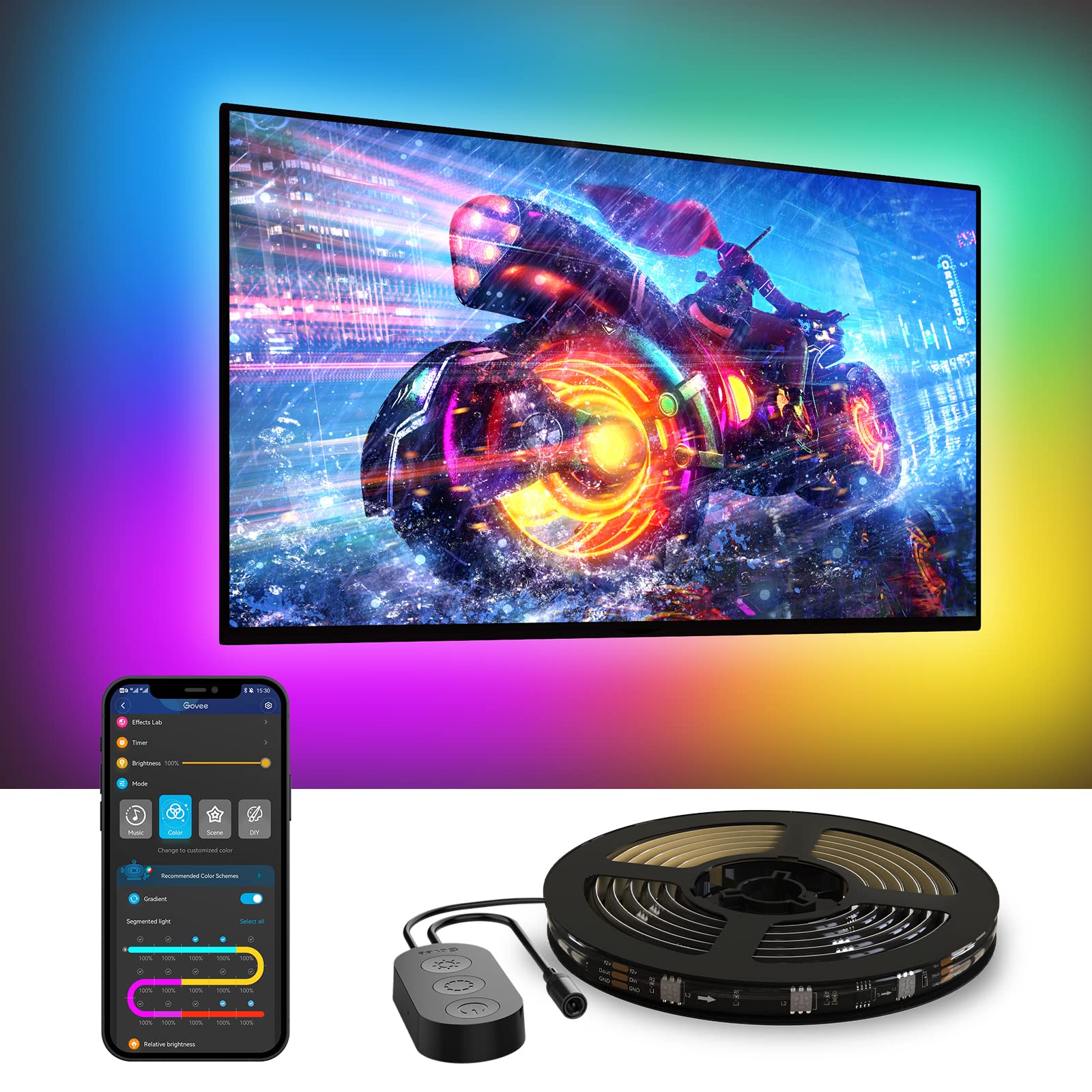 Govee TV LED Backlight four-sides coverage behind a 65-inch TV for immersive ambiance