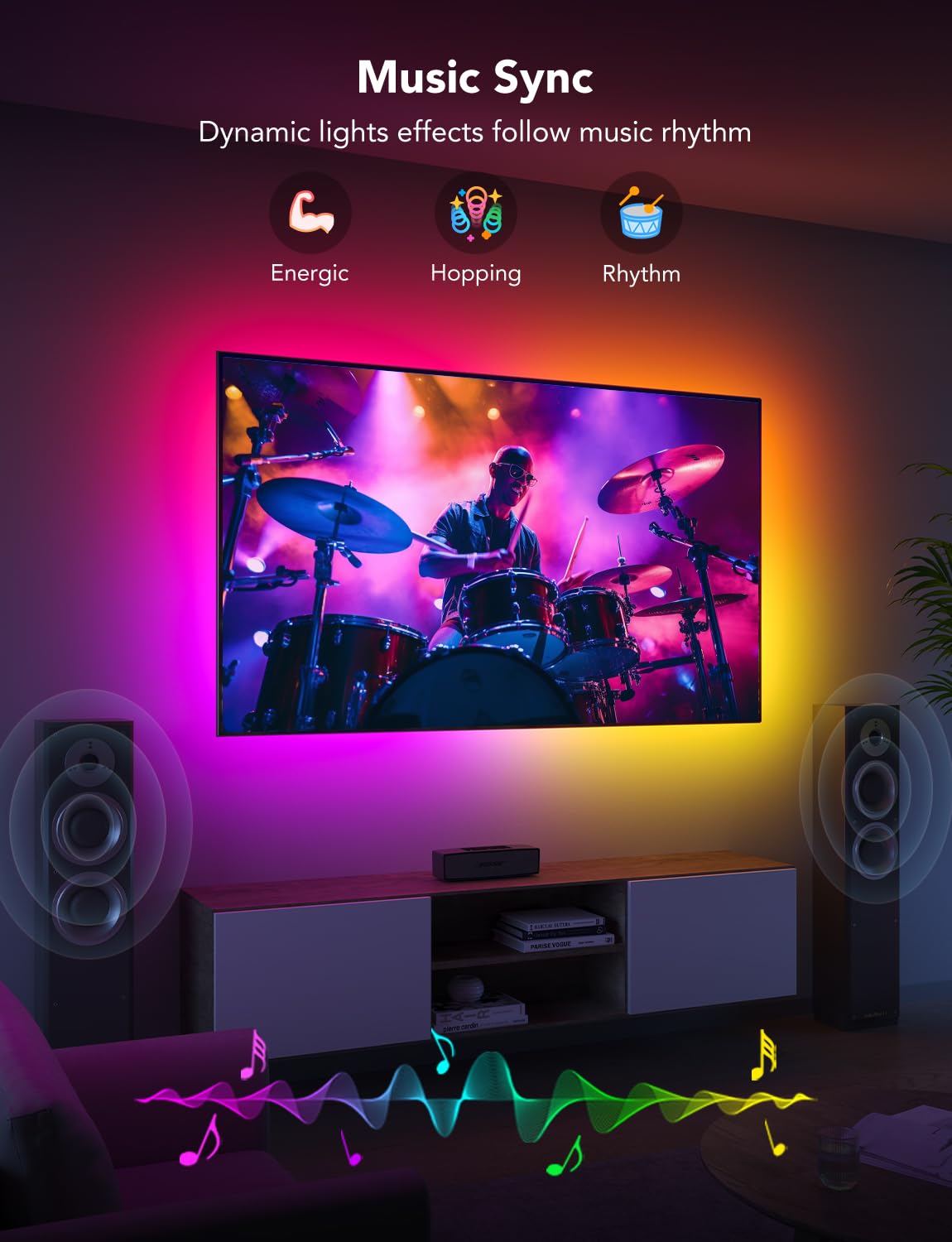 Music-synced colors from the Govee backlight reflect the rhythm