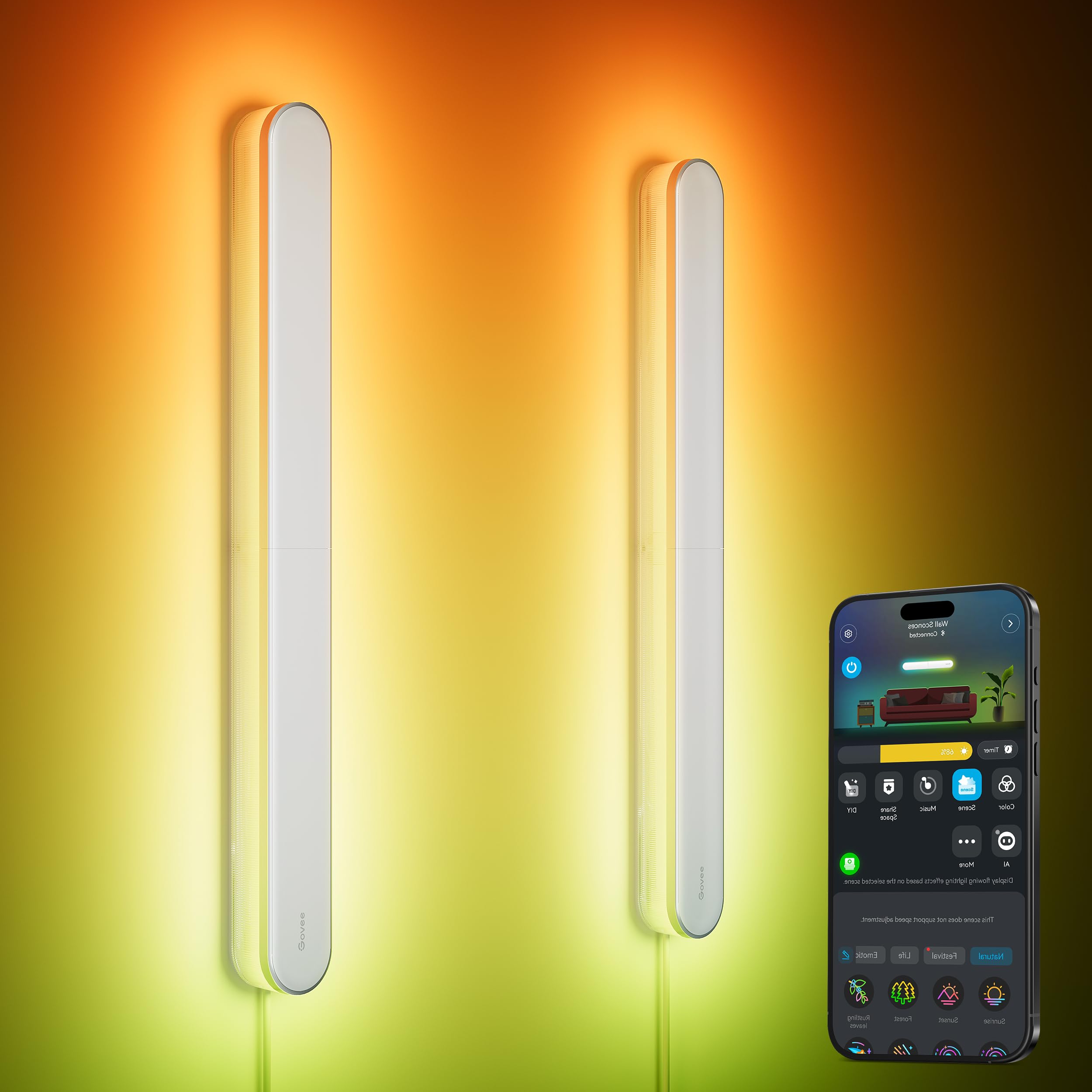 Govee Wall Sconces RGBIC LED lights showcase vibrant color options for living spaces.