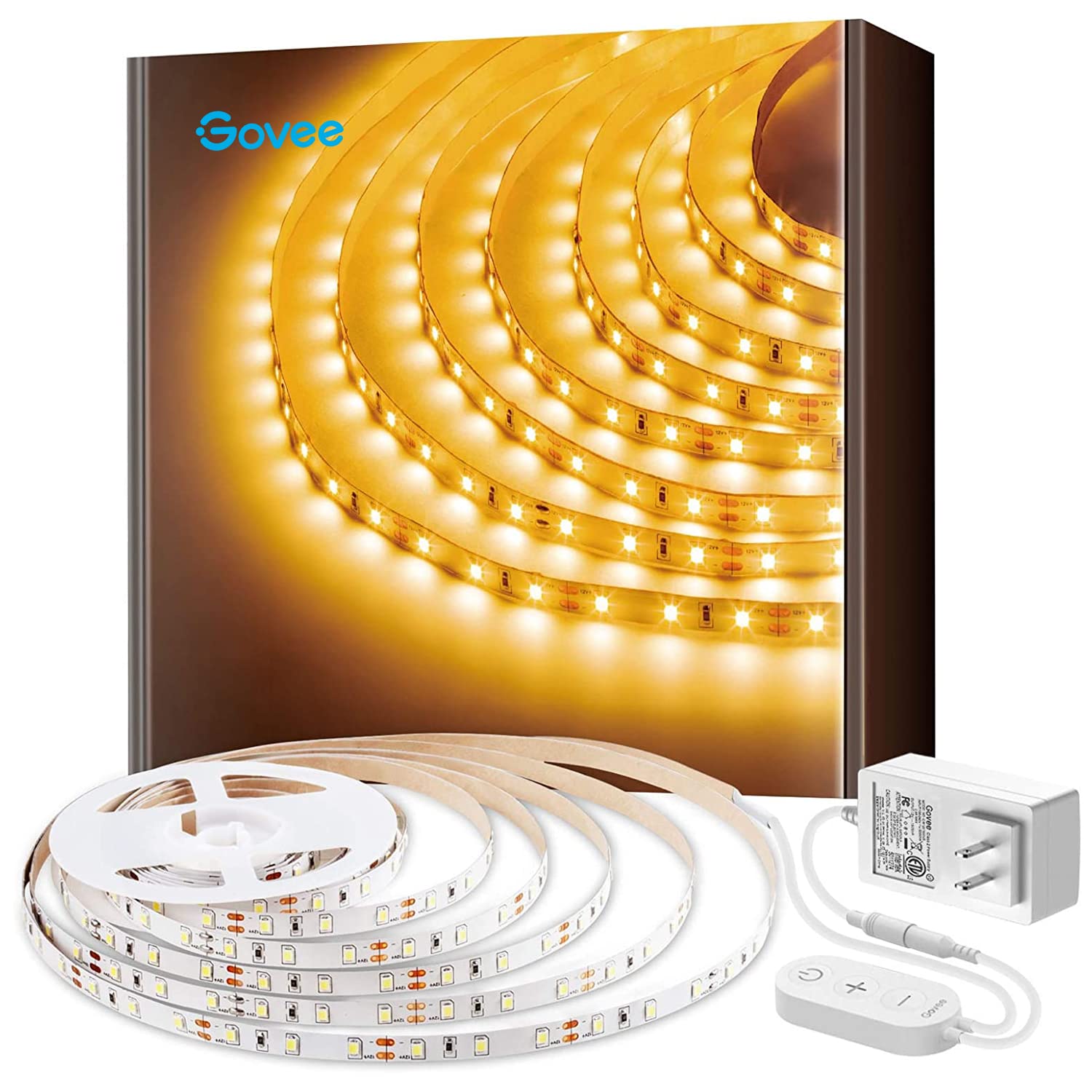 Govee warm-white LED strip 16.4ft delivers cozy ambient lighting for rooms and cabinets.