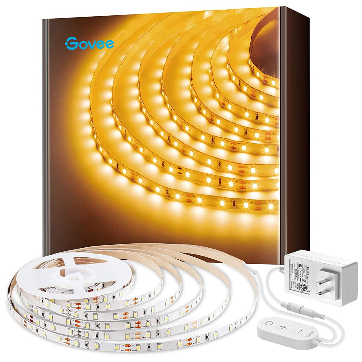 Govee warm-white LED strip 16.4ft delivers cozy ambient lighting for rooms and cabinets.