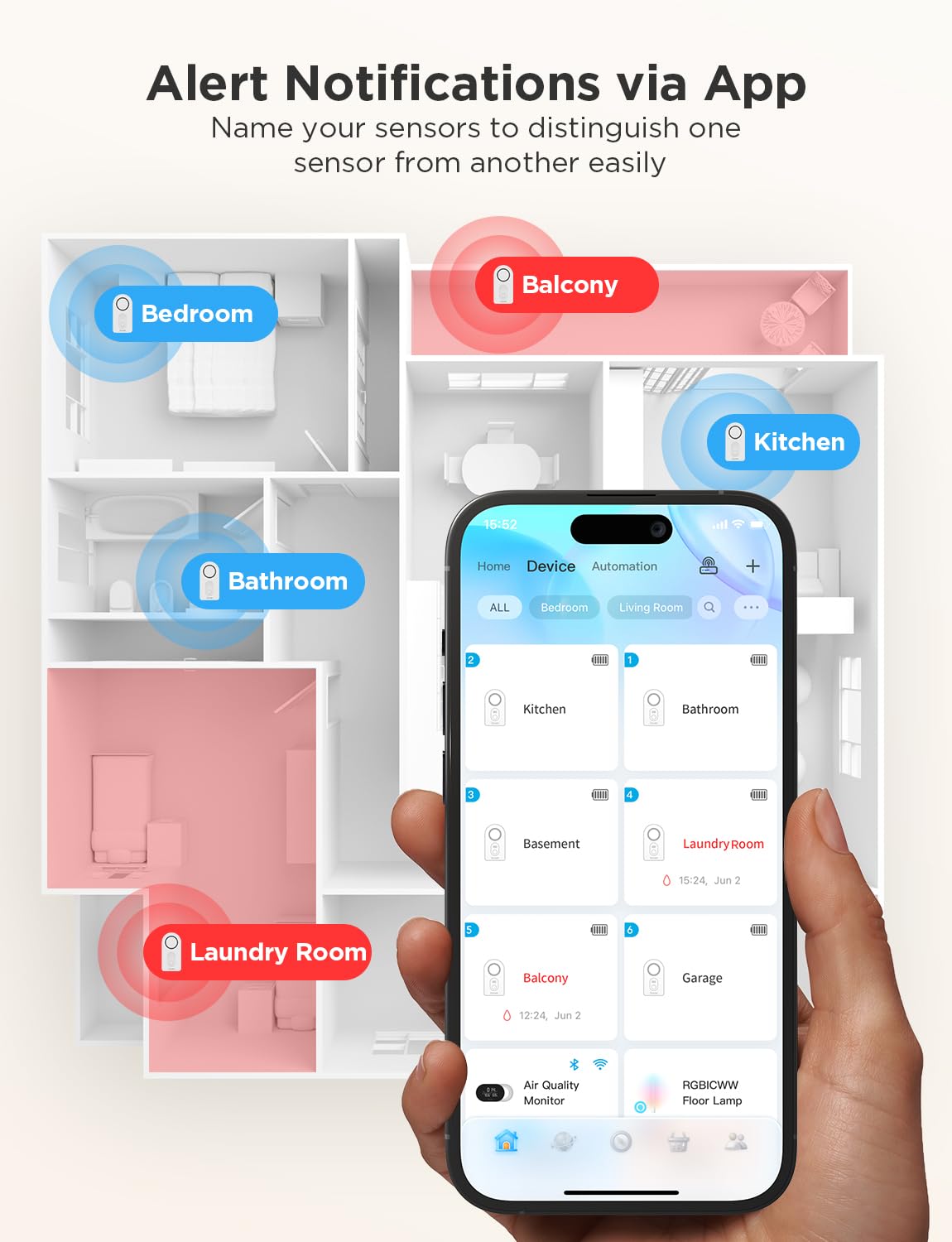 Govee app notifications demonstrate real-time leak alerts from sensors