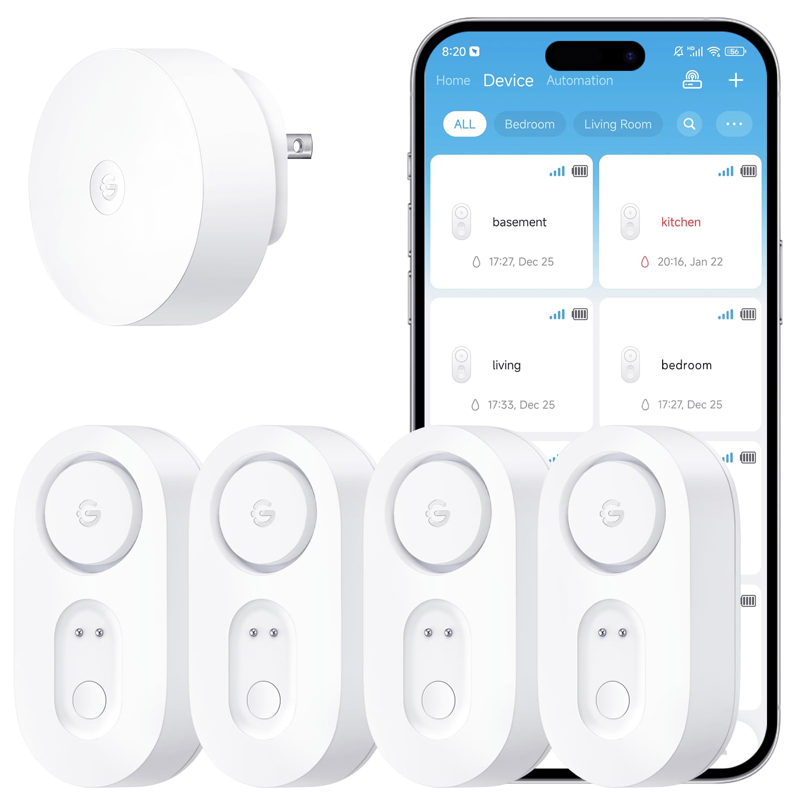 GoveeLife leak detector with long-range signal across walls for large homes
