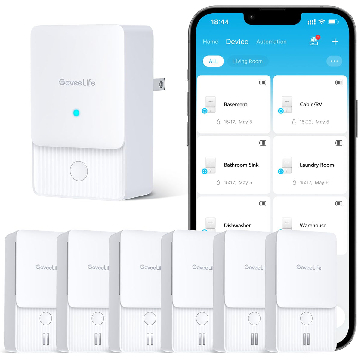 GoveeLife Leak Detector 2 front view showing compact design for discreet home monitoring.