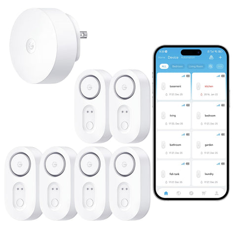 GoveeLife leak detector front view highlighting long-range connectivity for distant rooms.