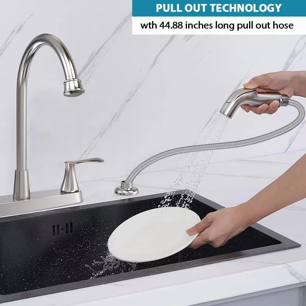 GOWIN brushed nickel faucet 8-inch centerset designed for 4-hole decks.
