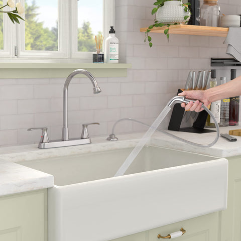 GOWIN brushed nickel faucet packaging includes faucet and sprayer components.