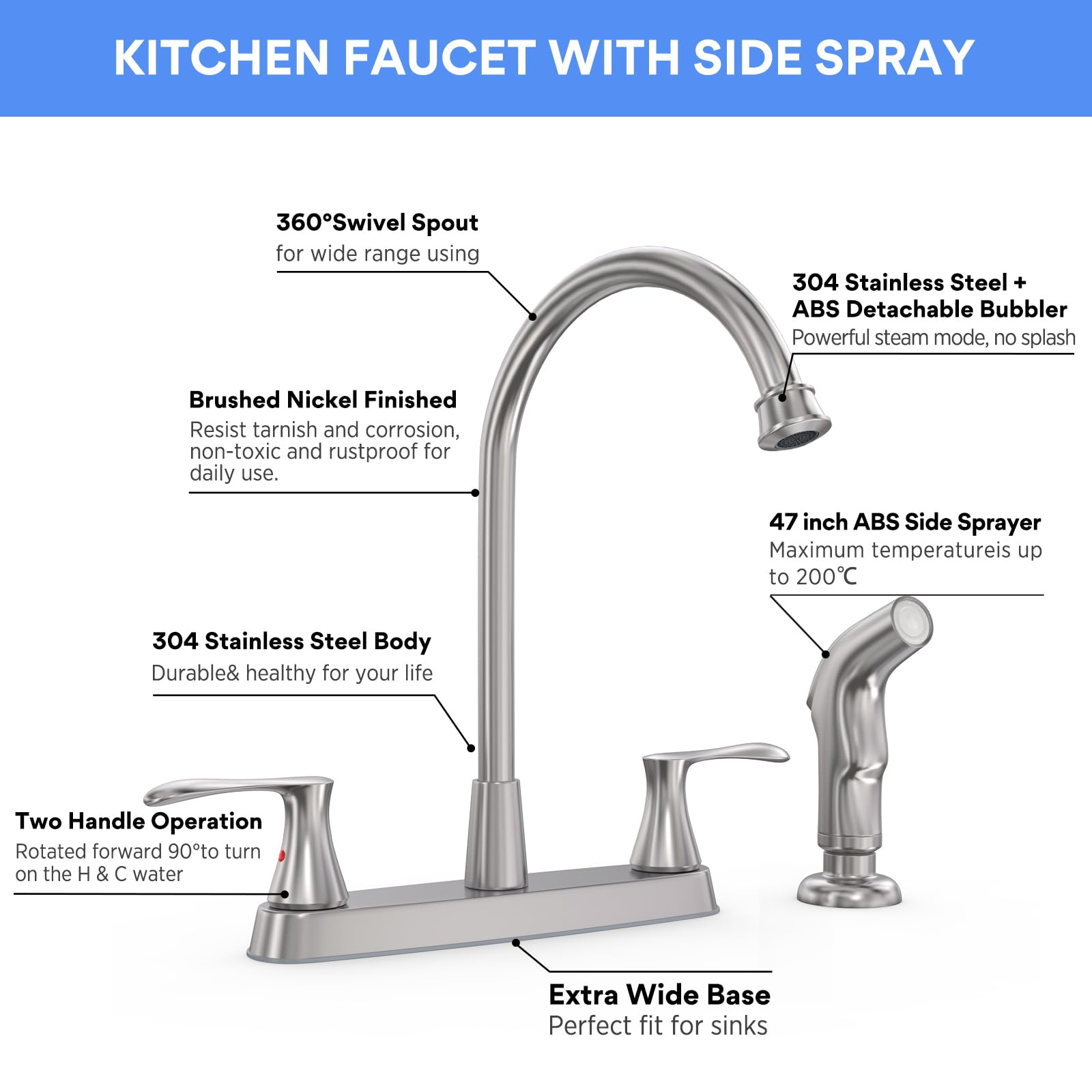 GOWIN brushed nickel faucet pull-out sprayer extending to 35 inches.