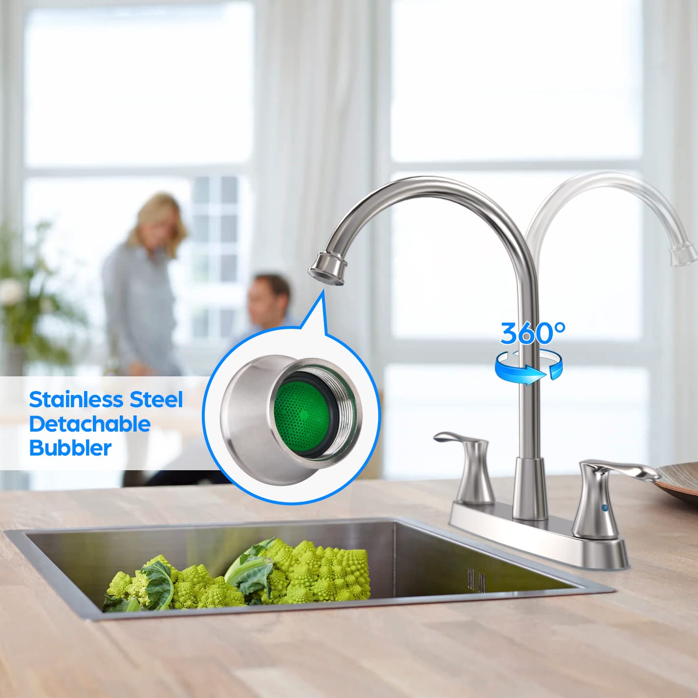 GOWIN brushed nickel faucet side sprayer in action for quick rinsing.