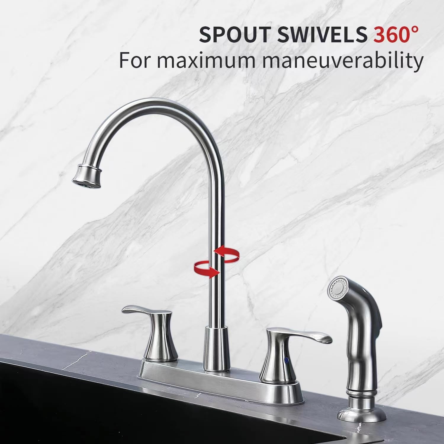 GOWIN brushed nickel faucet swivel spout enabling full sink access.