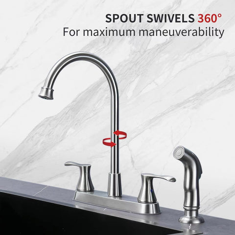 GOWIN brushed nickel faucet swivel spout enabling full sink access.