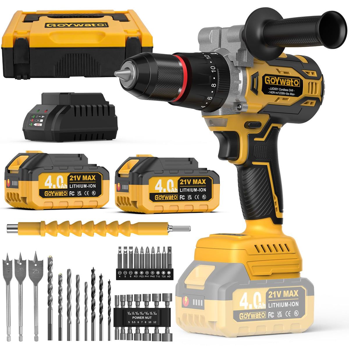 GoYwato 1239inlbs cordless hammer drill front view shows compact power for home projects