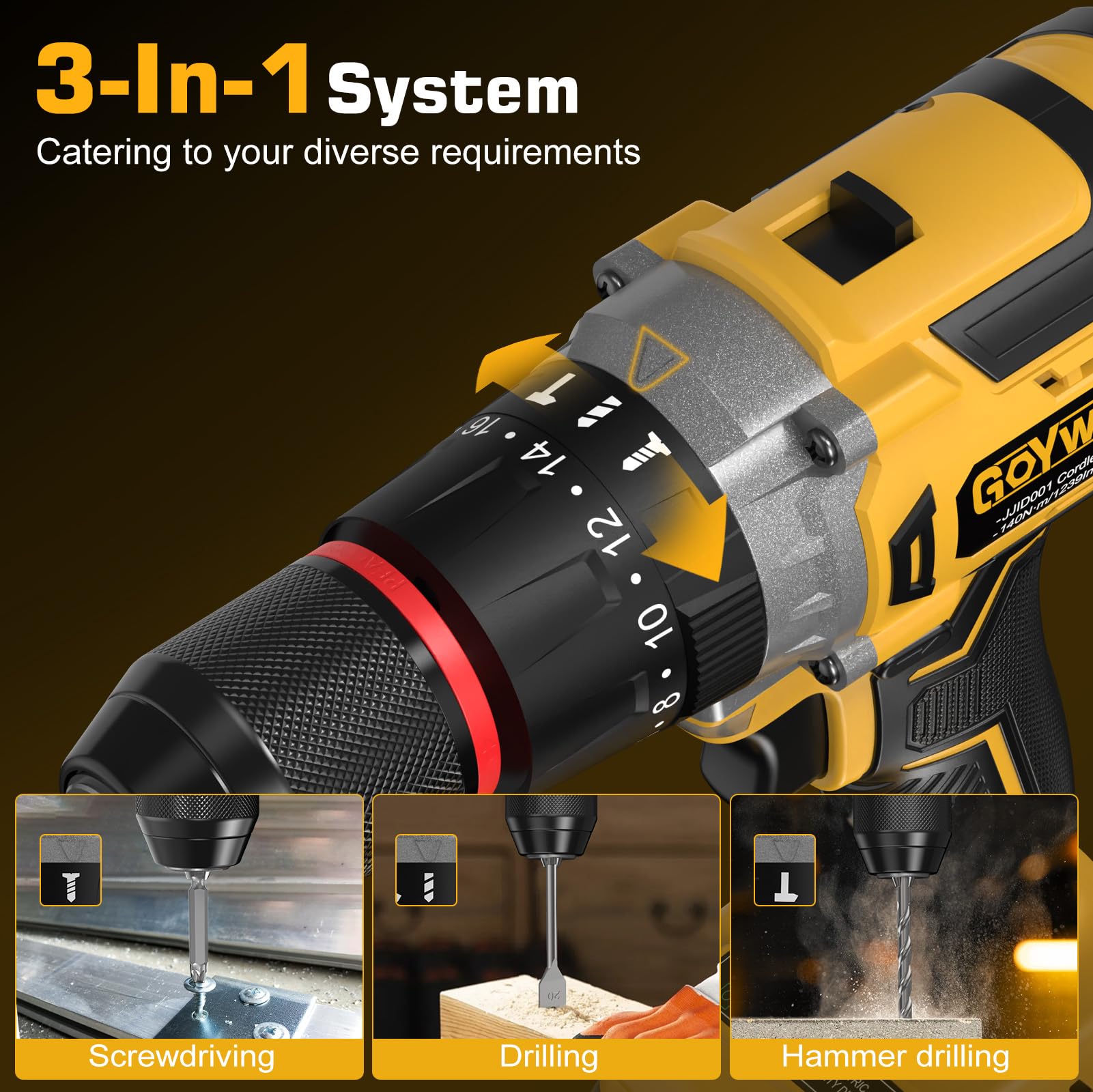 GoYwato 1239inlbs cordless hammer drill LED light aids precision in dim spaces