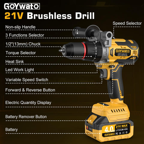 GoYwato 1239inlbs cordless hammer drill toolset ready for DIY and renovation tasks