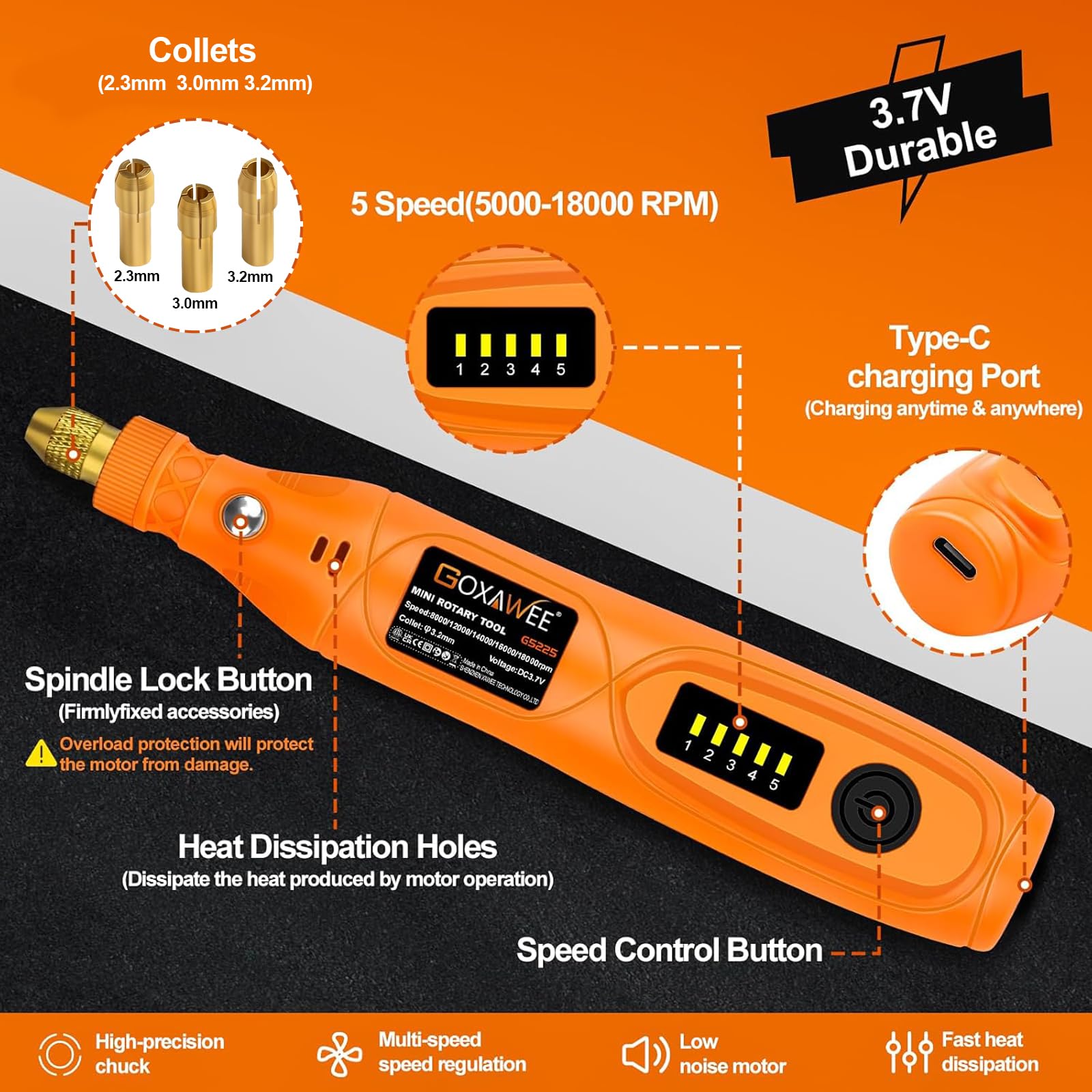 GOXAWEE mini rotary tool side view, ergonomic grip in hand