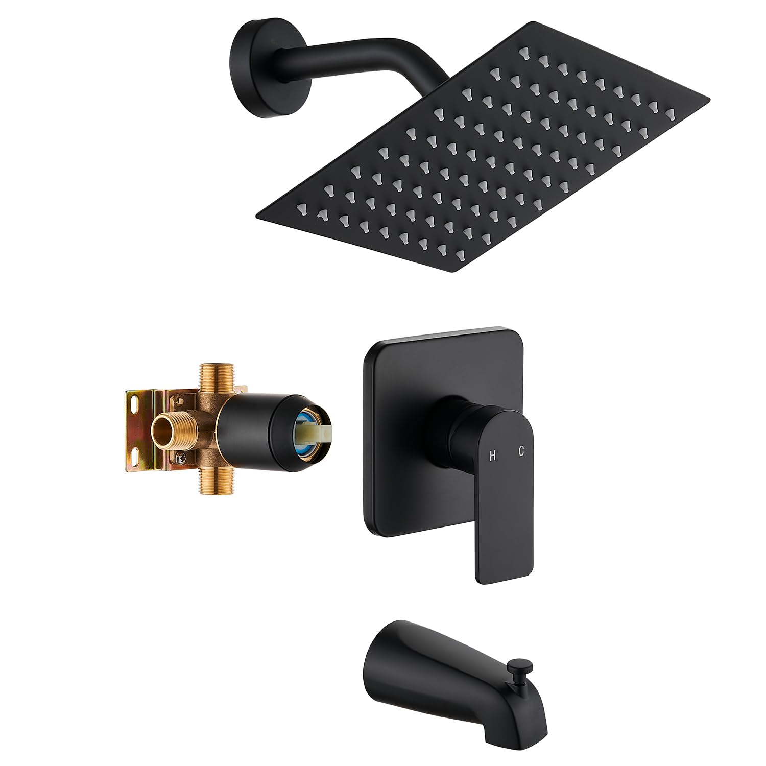 GOXIUHAN matte black tub shower valve trim with rain head for a spa-like shower