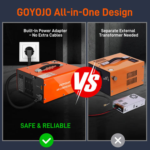 GOYOJO PCP air compressor dual power cables support car and home use.
