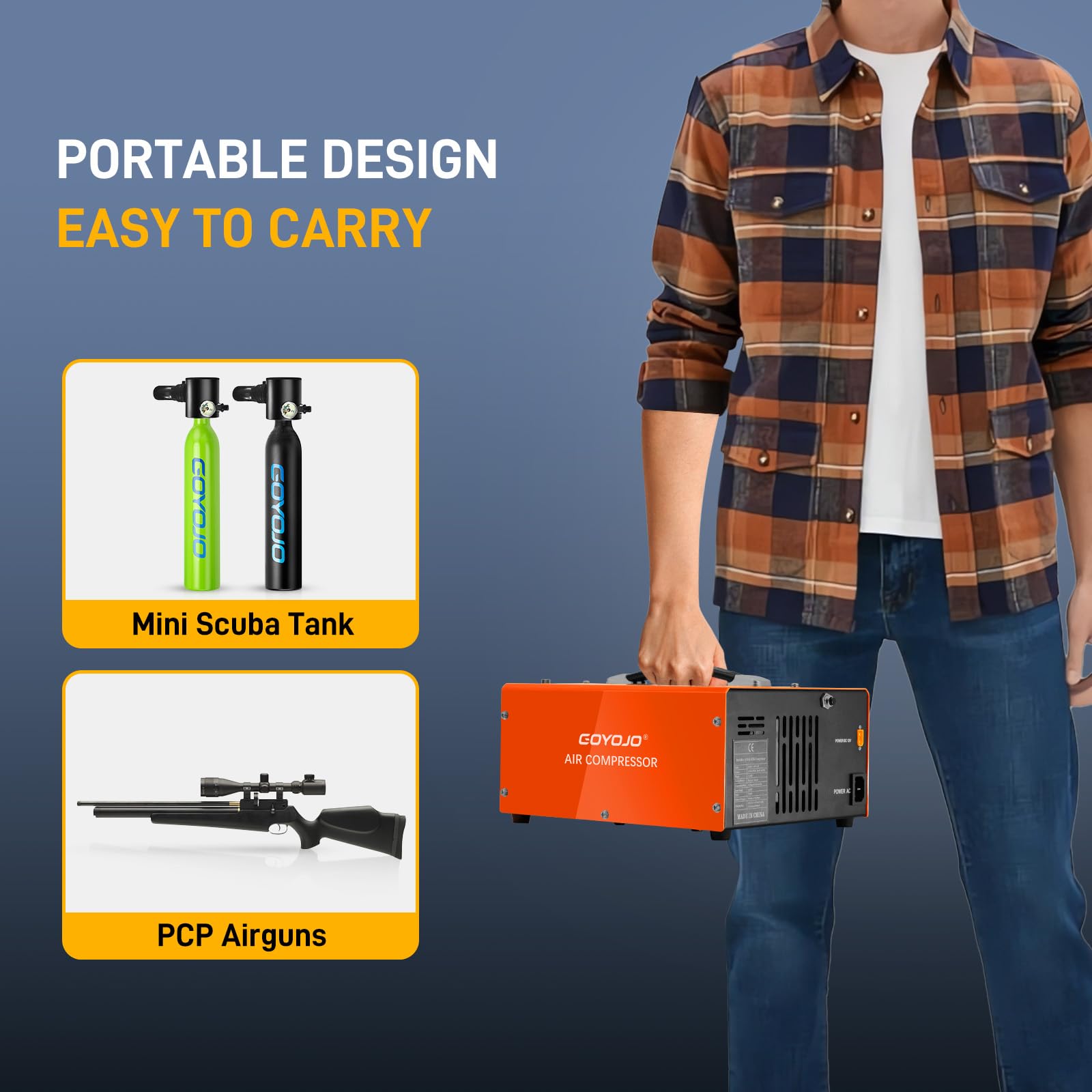 GOYOJO PCP air compressor quick-connect fittings enable fast setup.