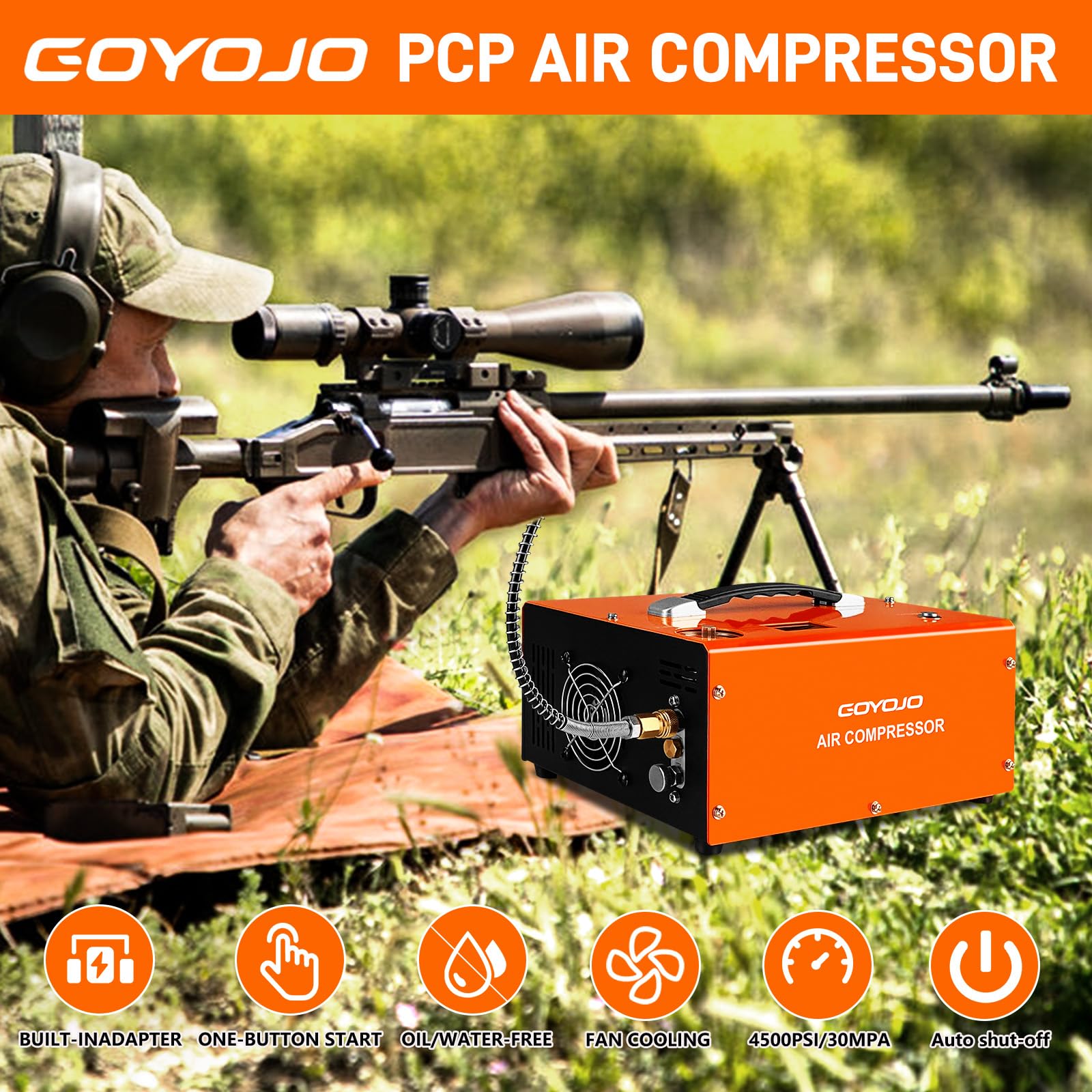GOYOJO PCP air compressor side view showing a durable steel frame for field use.