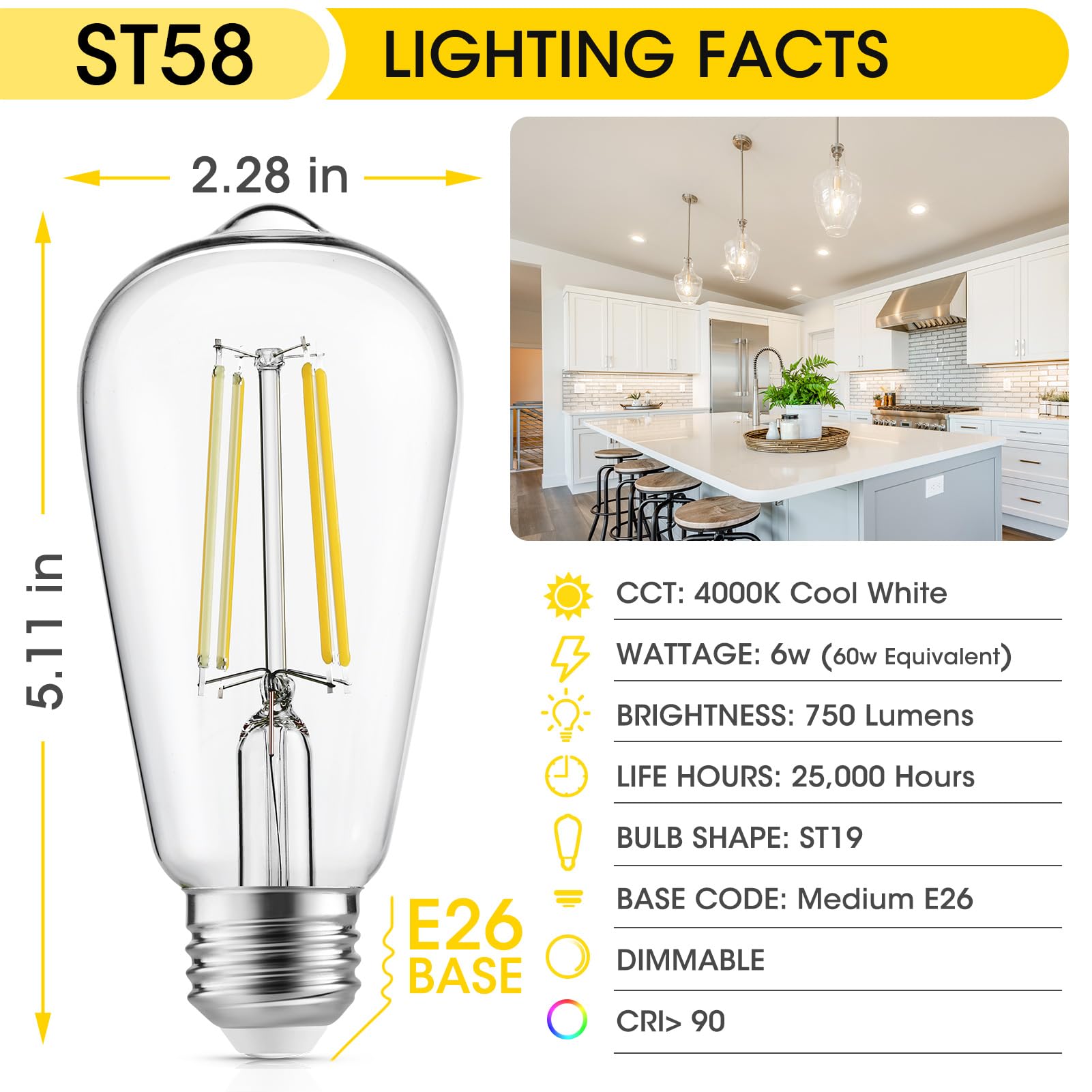 Gozelux dimmable Edison bulb with 4000K cool white light in clear glass.