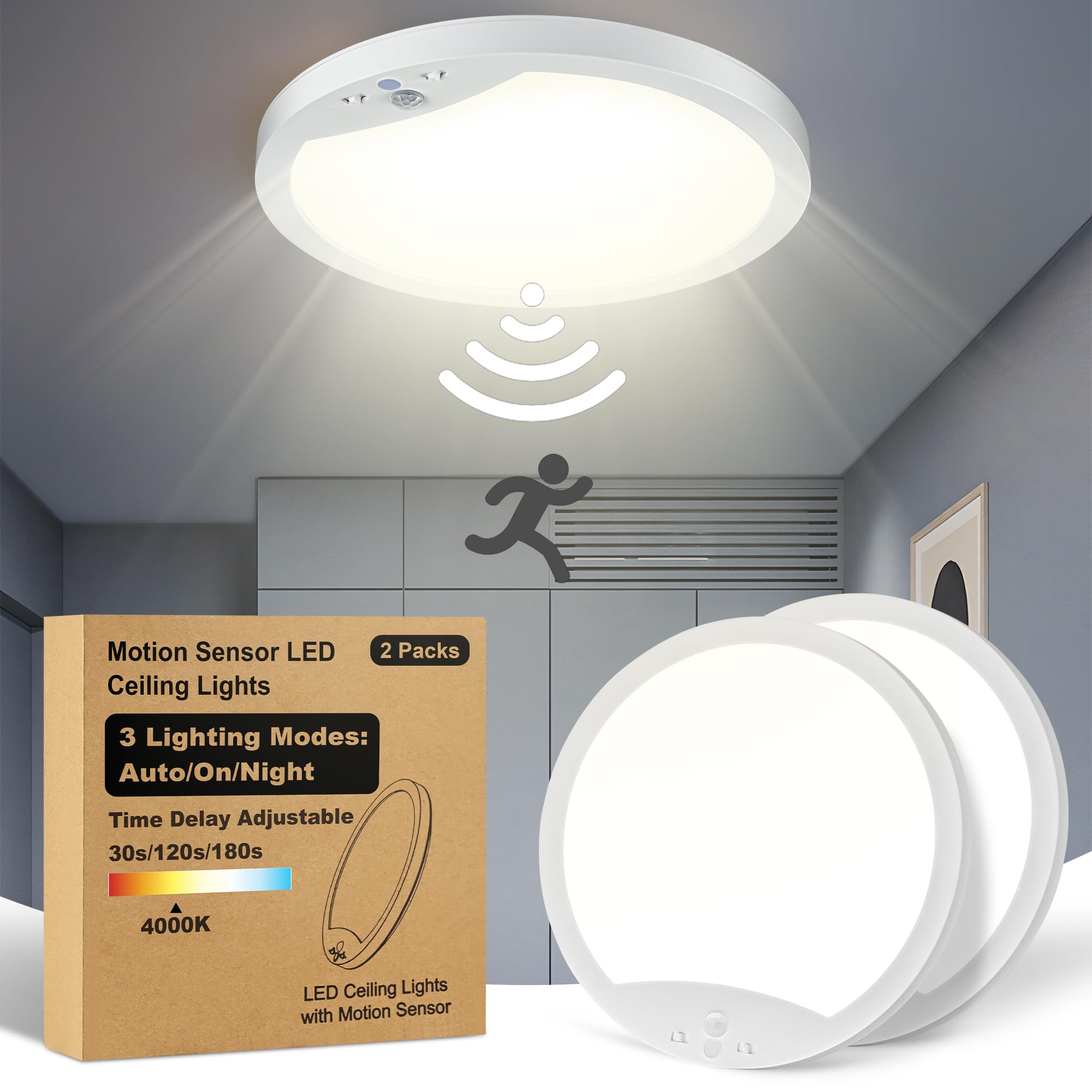 GOZIG 2-Pack 20W motion sensor ceiling light closeup shows slim flush mount for bright energy-efficient lighting