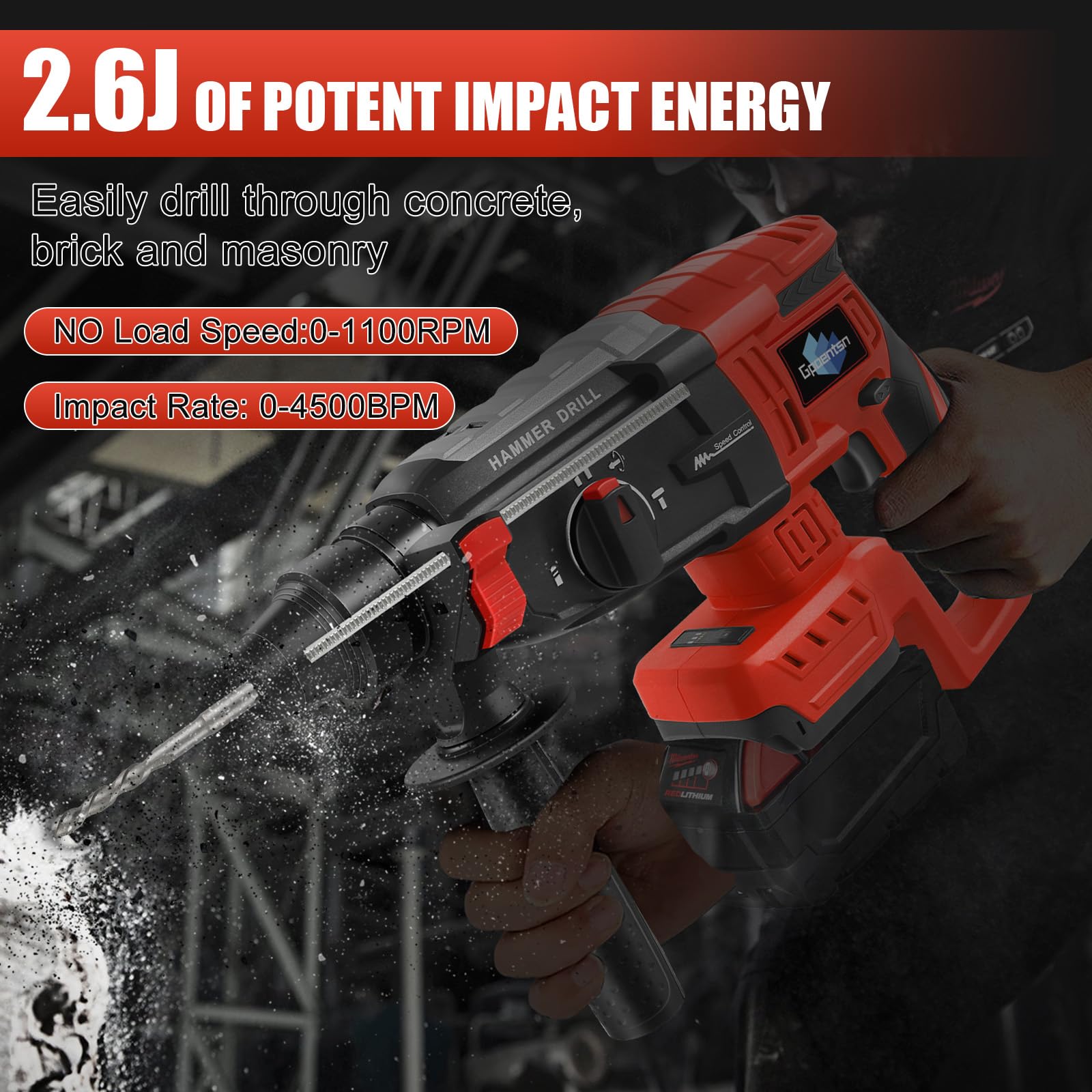 Gpaentsn brushless motor delivering 2.6J impact energy for efficient work.