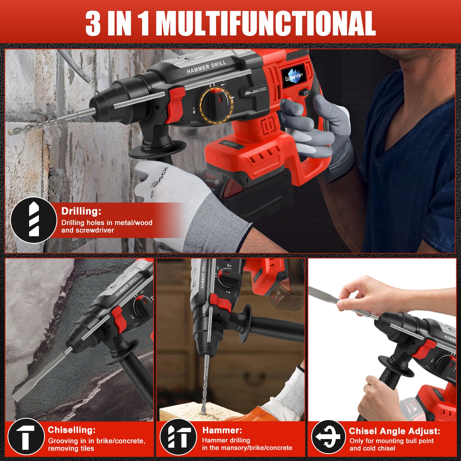 Gpaentsn four-mode operation for drilling, hammer drilling, chiseling, and angle adjustment.