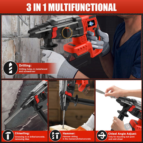 Gpaentsn four-mode operation for drilling, hammer drilling, chiseling, and angle adjustment.