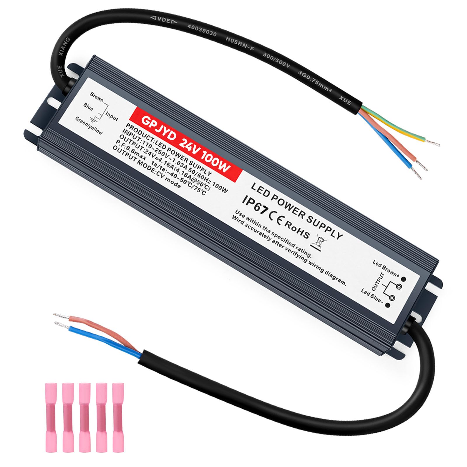 GPJYD 24V power supply with IP67 protection for outdoor LED installations.