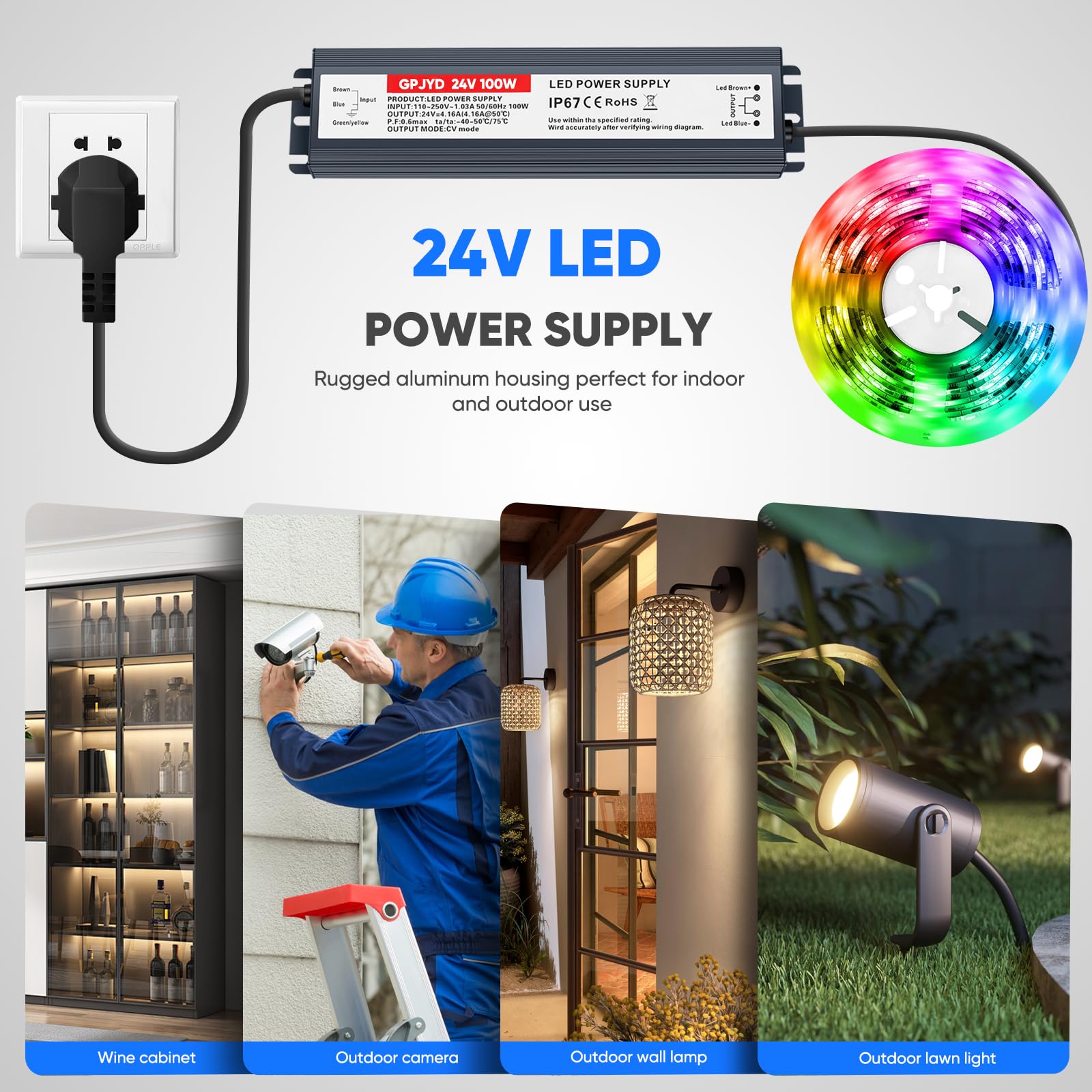 GPJYD 24V driver for LED strips and garden lighting setups.