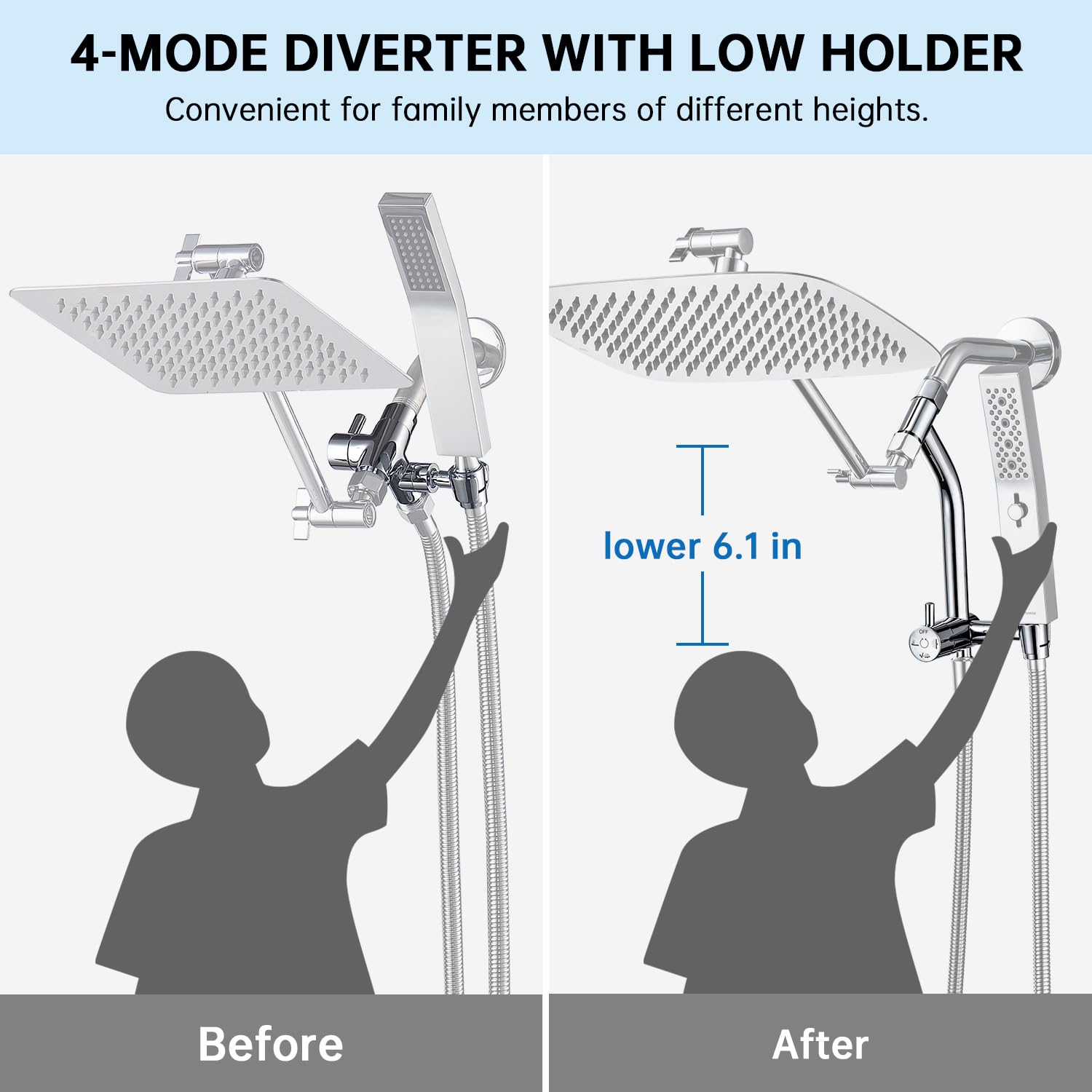 G-Promise three-way diverter with pause allows easy water switching.
