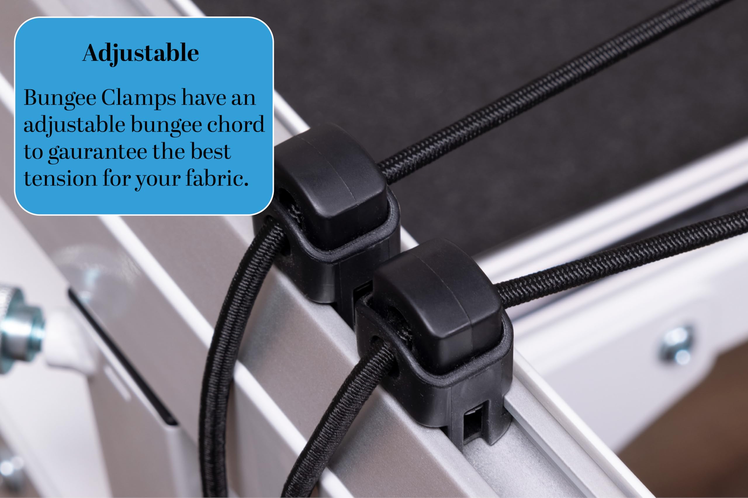 Grace Bungee Clamps tauten fabric for smooth quilting results.
