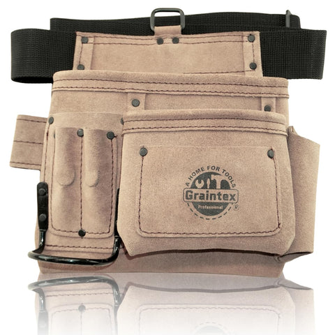 Graintex 5-pocket suede tool belt pouch in beige for carpentry and DIY tasks