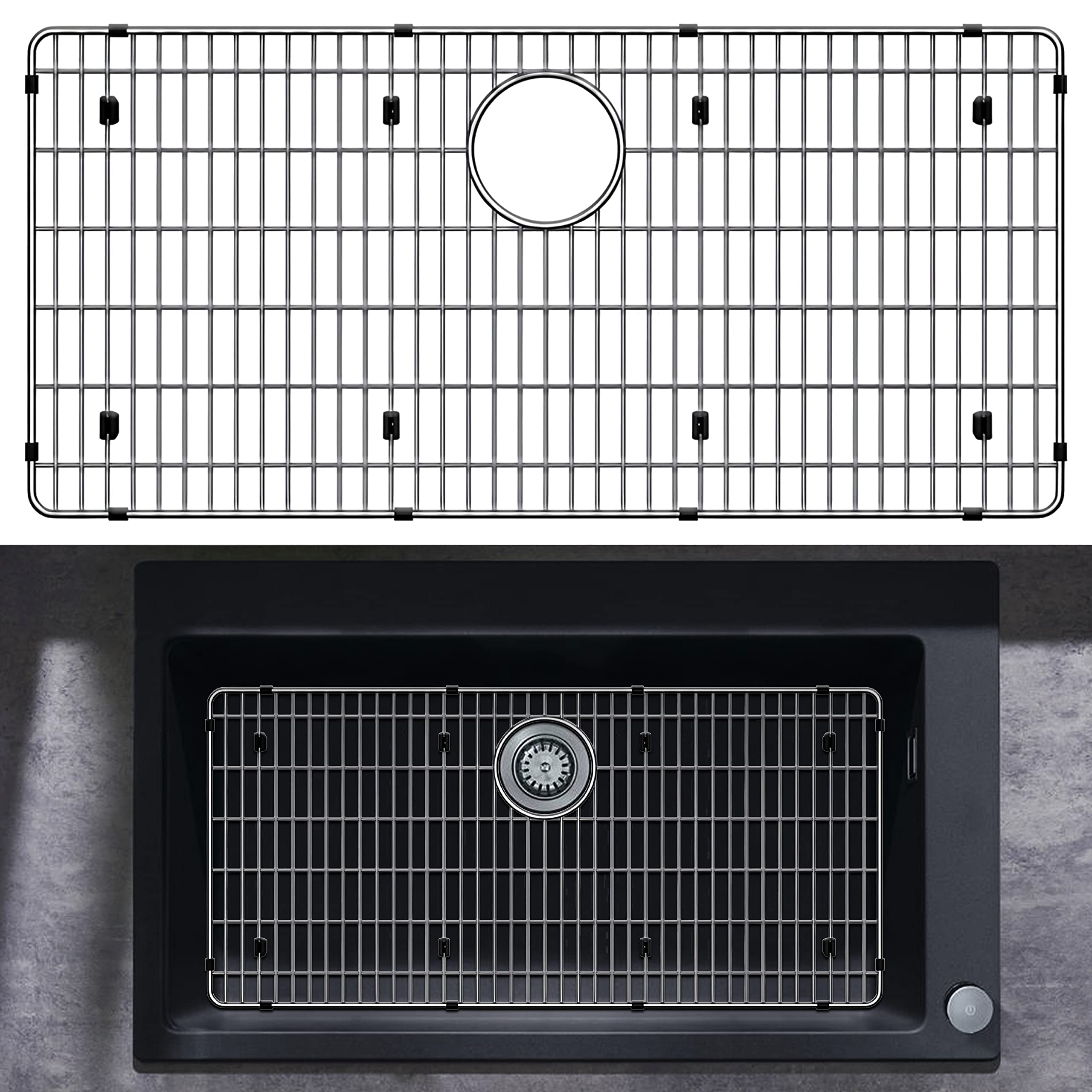 Granatan sink protector grid with back-drain access for easy strainer use