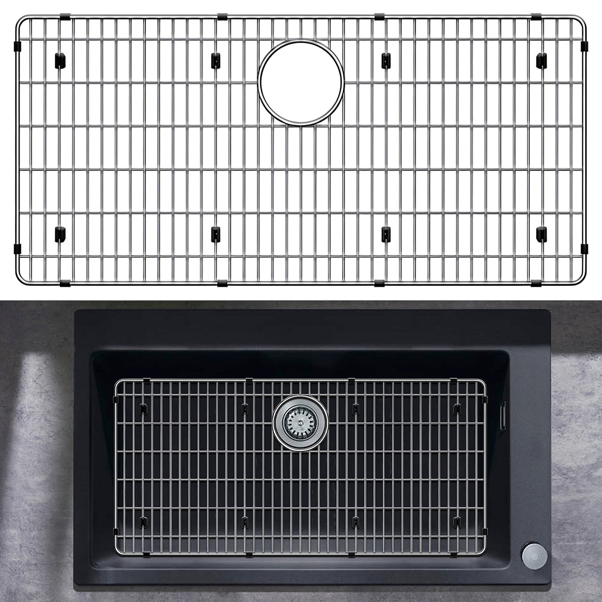 Granatan sink protector grid with back-drain access for easy strainer use