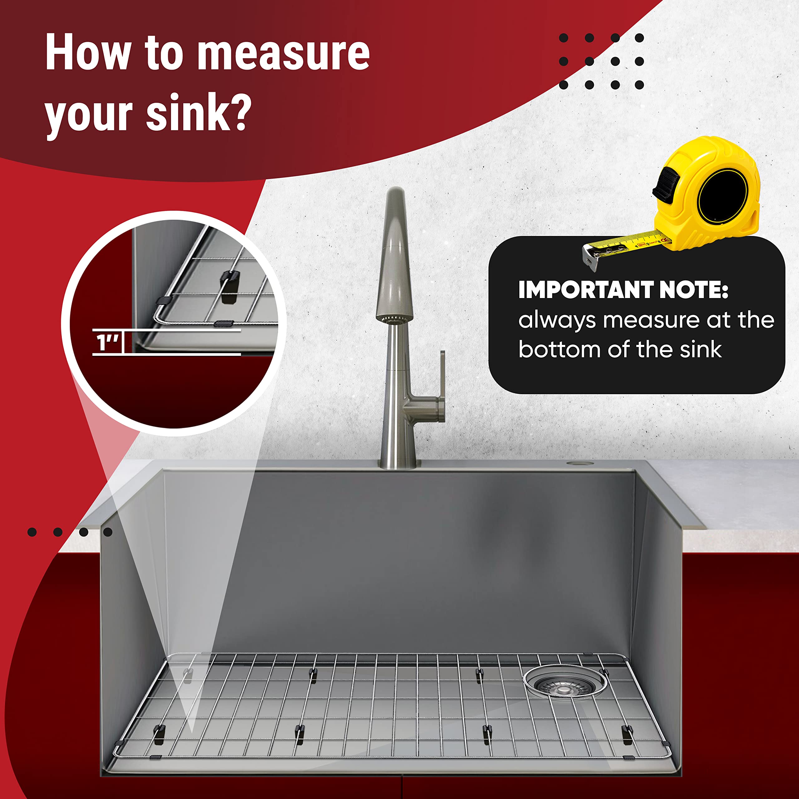 Granatan sink protector grid highlights right rear drain access for easy plumbing clearance.