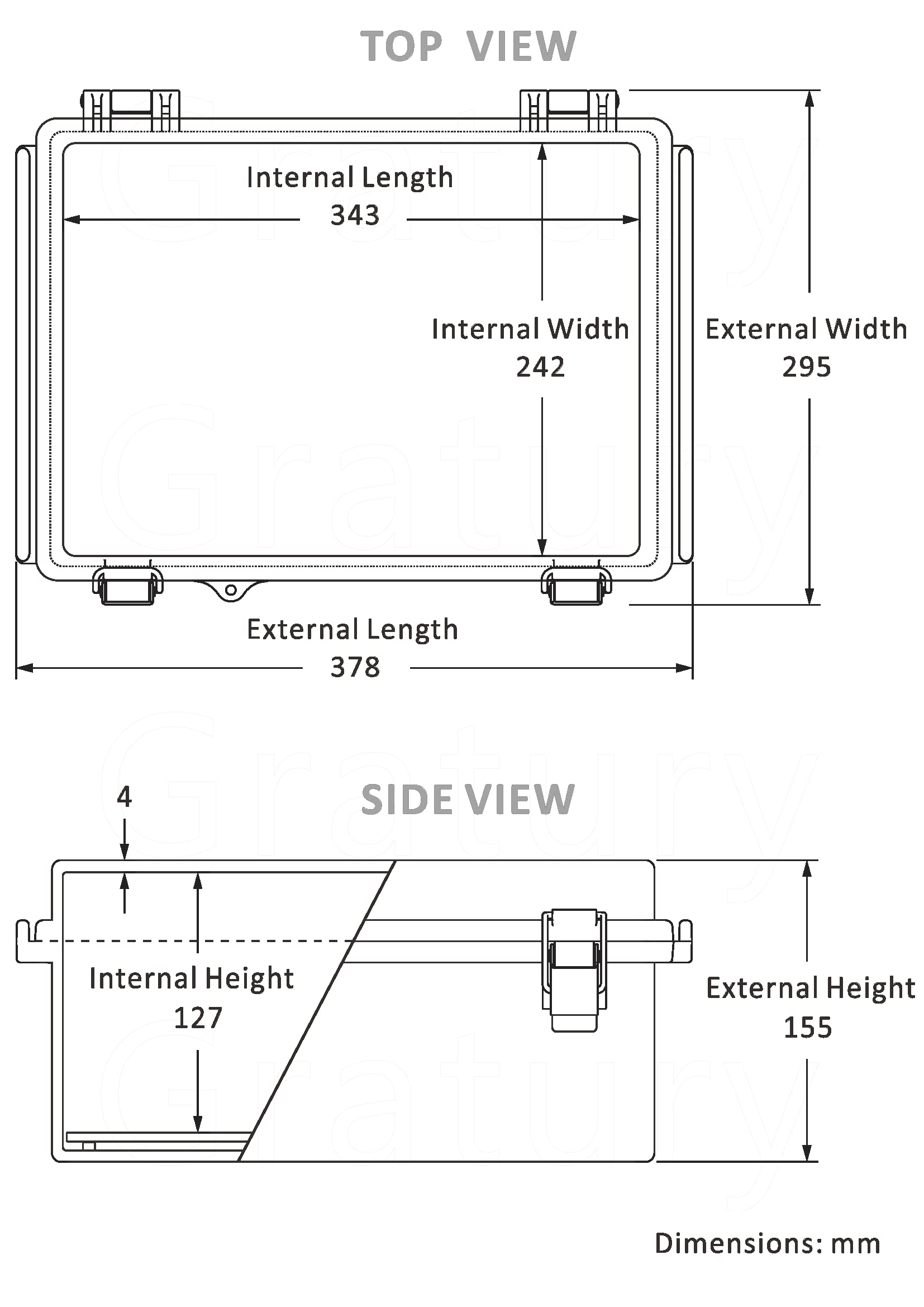 Gratury enclosure includes mounting panel for secure PCB or terminal mounting.