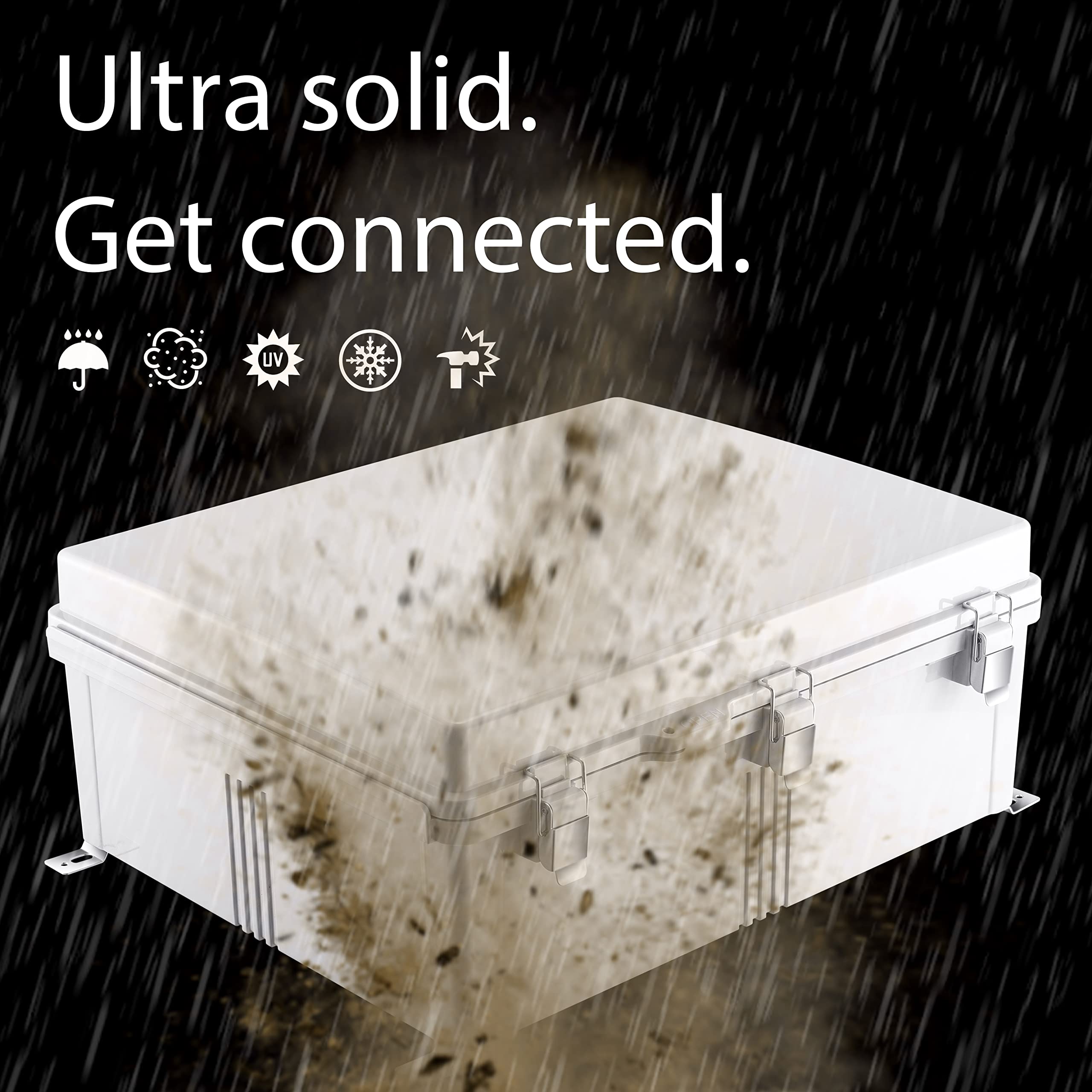 Gratury junction box with hinged grey cover for quick access and secure closures