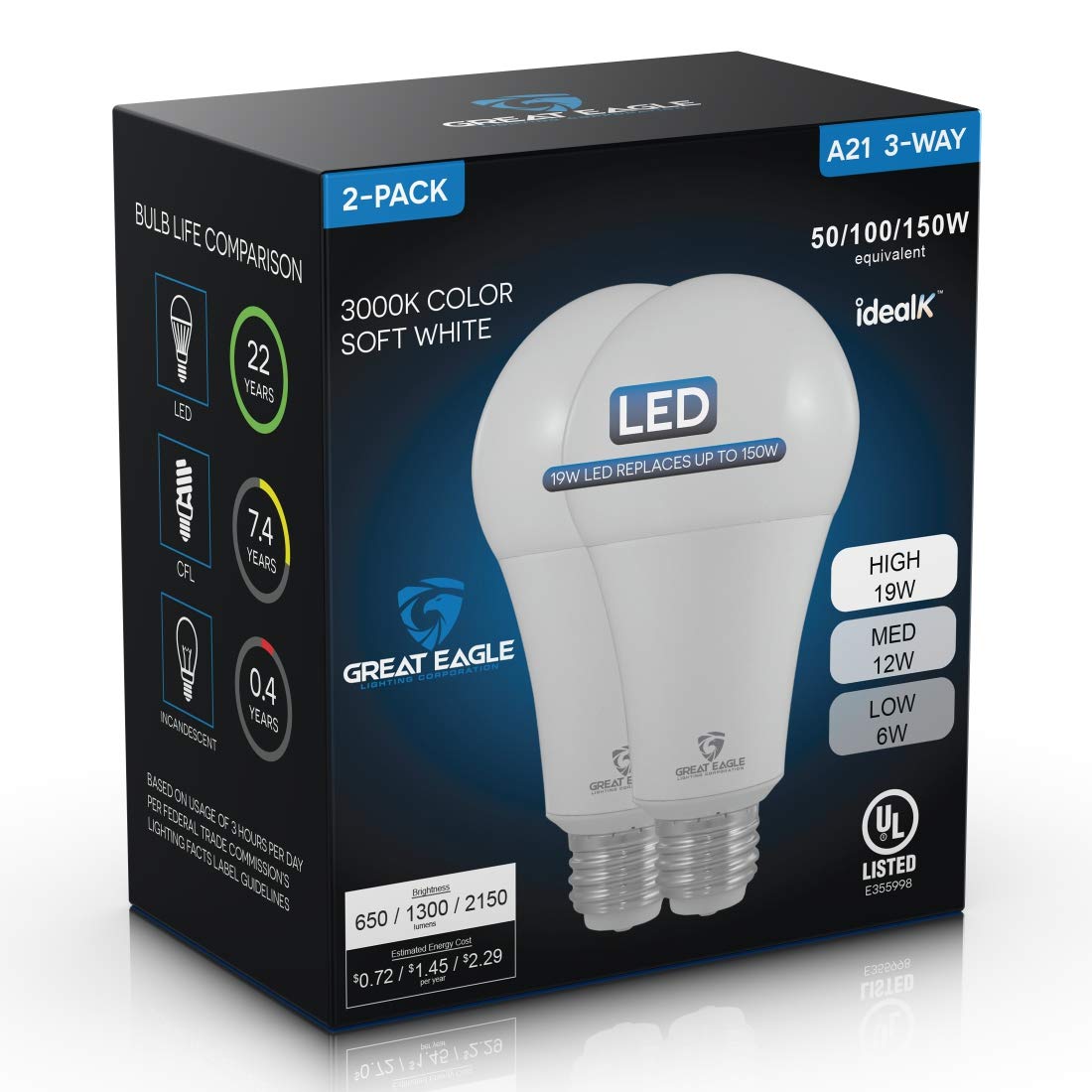 Great Eagle 100W-equivalent LED bulb image illustrating 1300 lumens output.