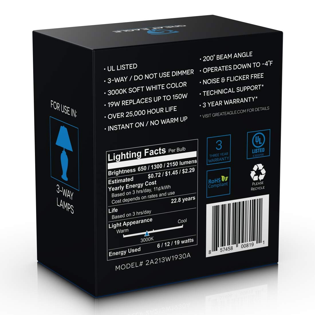 Great Eagle 150W-equivalent LED bulb shot emphasizing 2150 lumens with instant-on.